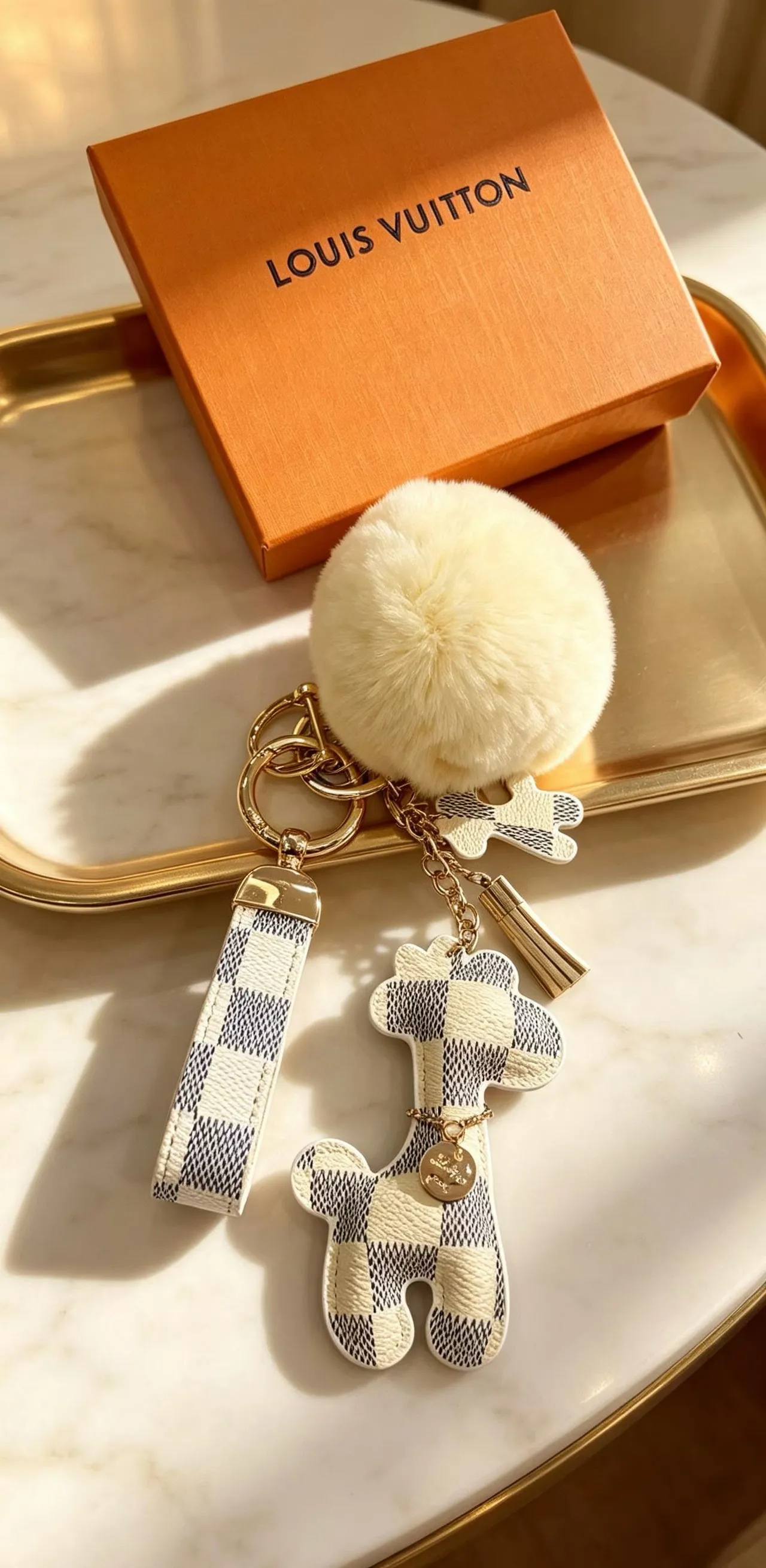 Louis Vuitton Teddy Bear Beige Black Damier Check Leather Pom-Pom Accent Phone Accessory