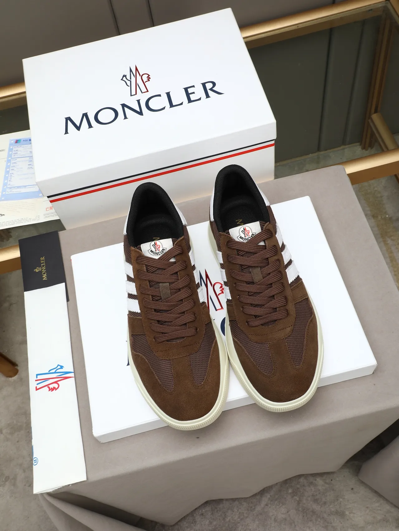 Moncler Brown and White Striped Platform Lifestyle Sneaker