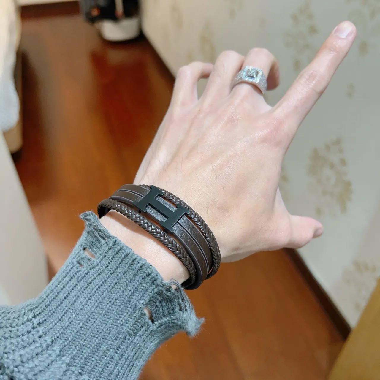 Hermès Brown Black Braided Leather Double-Wrap Bracelet