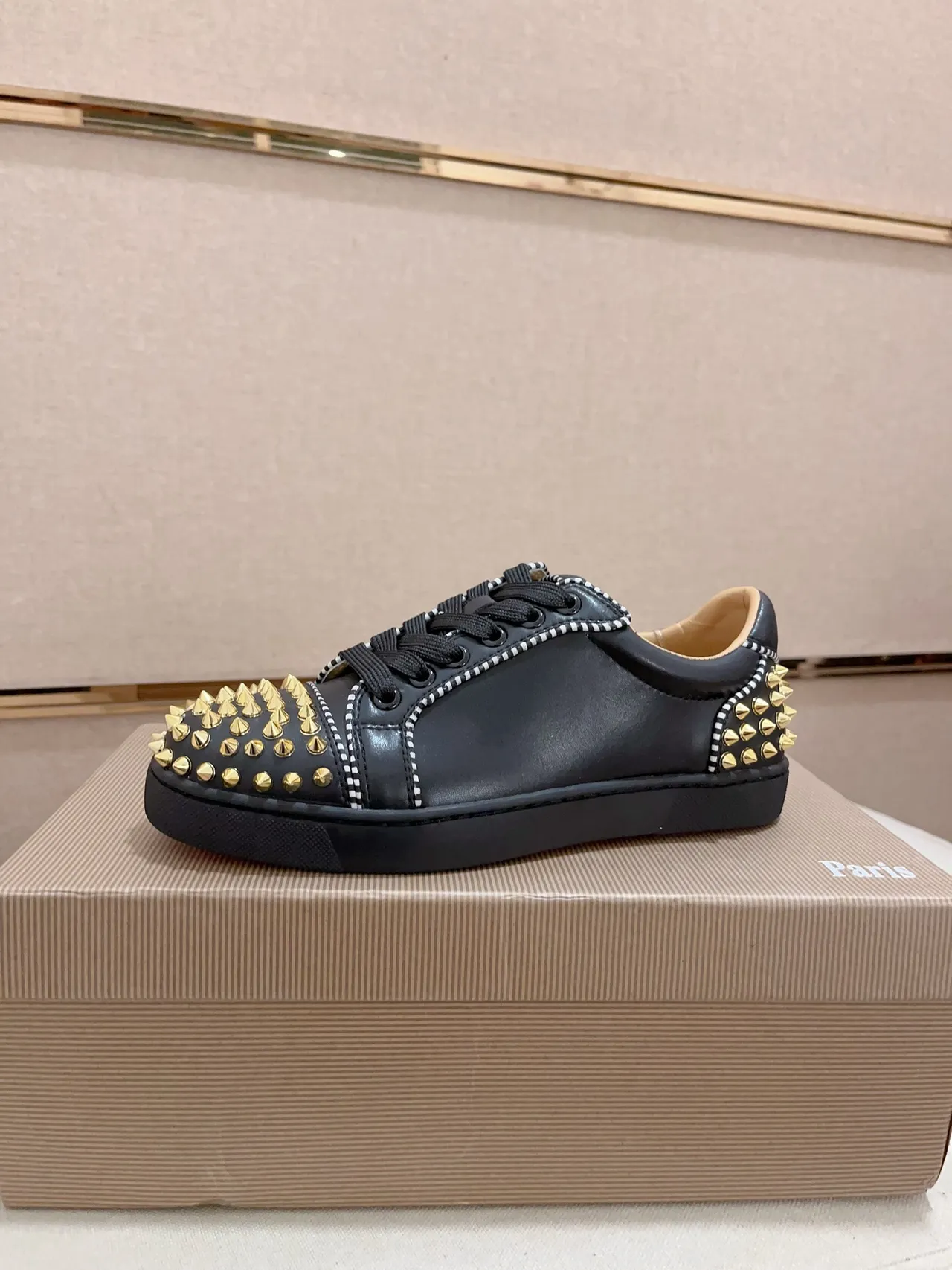 Christian Louboutin Black Gold Studded Leather Lifestyle Sneakers