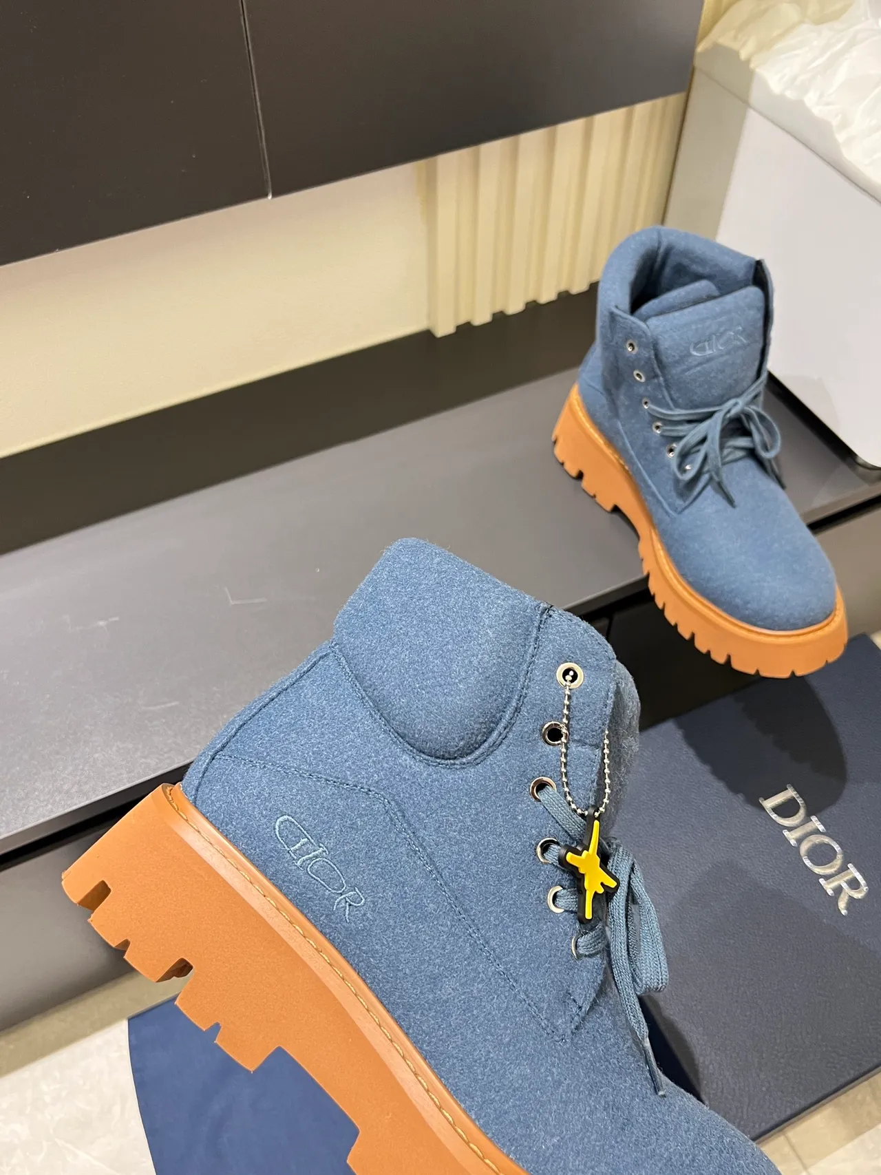 Blue Beige Felt Upper Chunky Lug Sole Ankle Boots