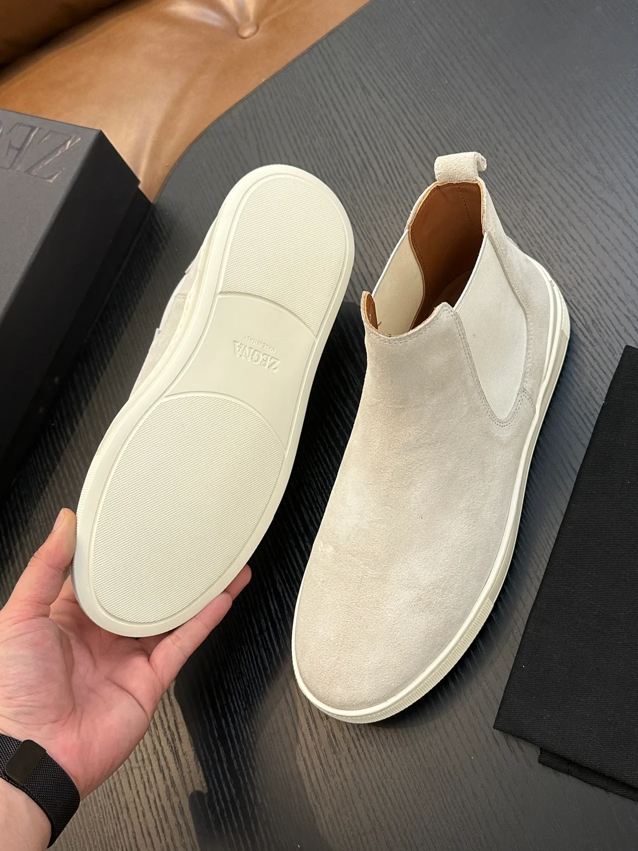 Zegna Beige White Suede Upper Elastic Side Panels Chelsea Boots