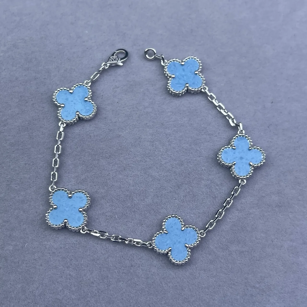 Blue Gold Chain Five Clover-Shaped Enamel Charms Bracelet
