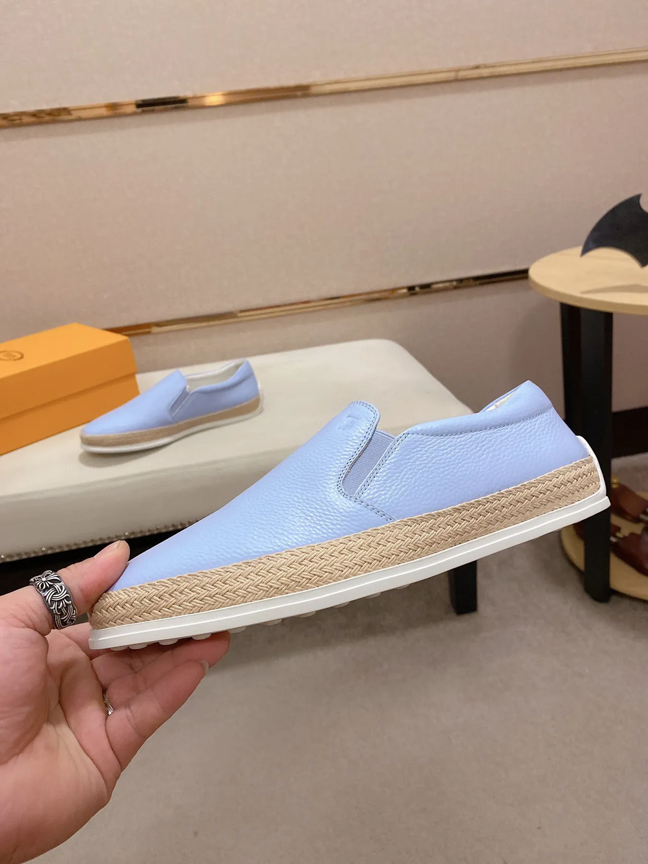 Light Blue Pebbled Leather Slip-On Boat Shoe