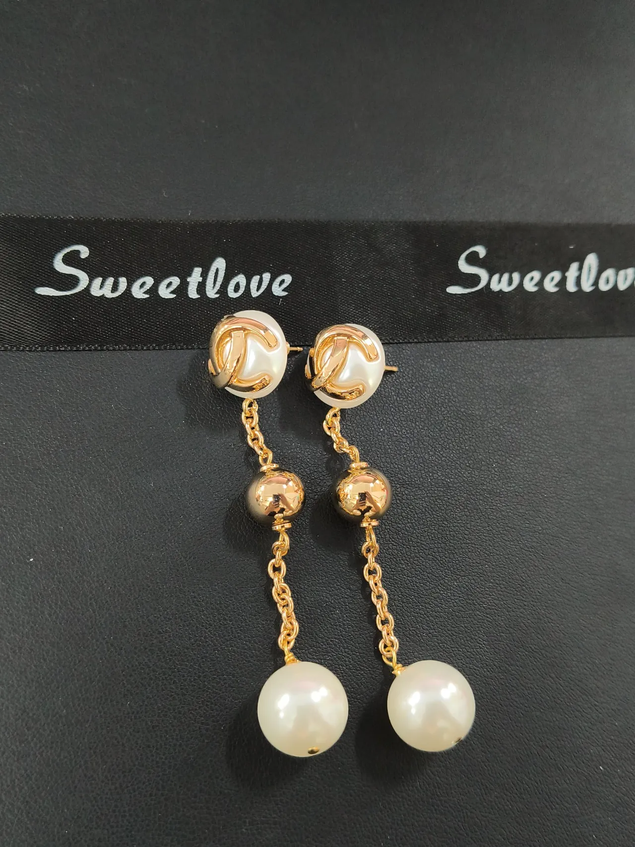 Gold-Tone Logo Stud Pearl Drop Chain Earrings
