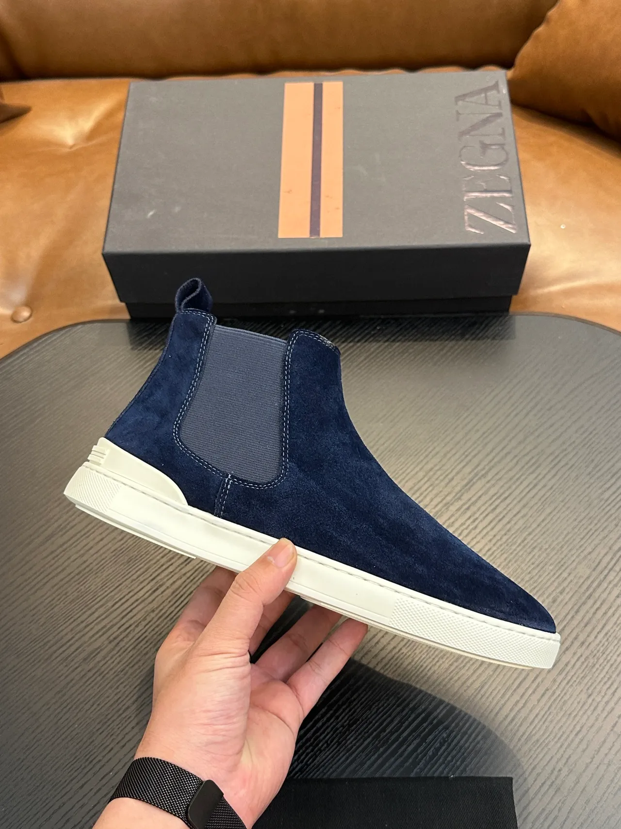 Zegna Navy White Suede Elastic Side Panels Chelsea Boots