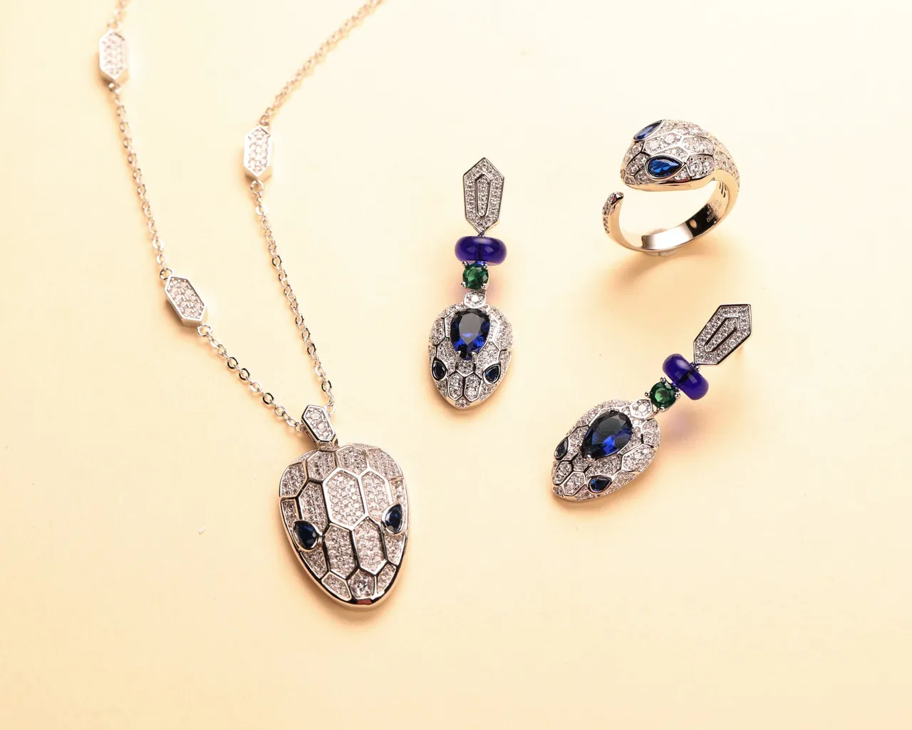 Gold Blue Snake Motif Pavé-Set Scales Ring