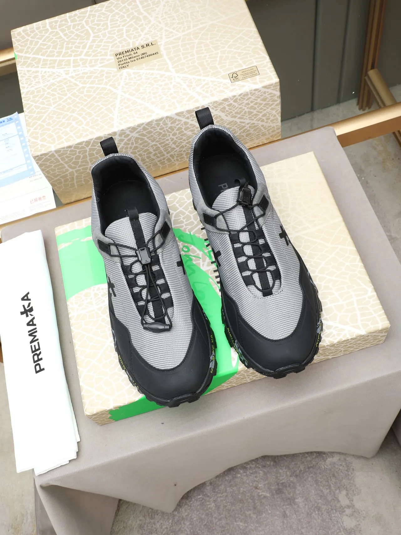 Premiata Gray Black Laceless Toggle Closure Mixed Upper Chunky Sneakers