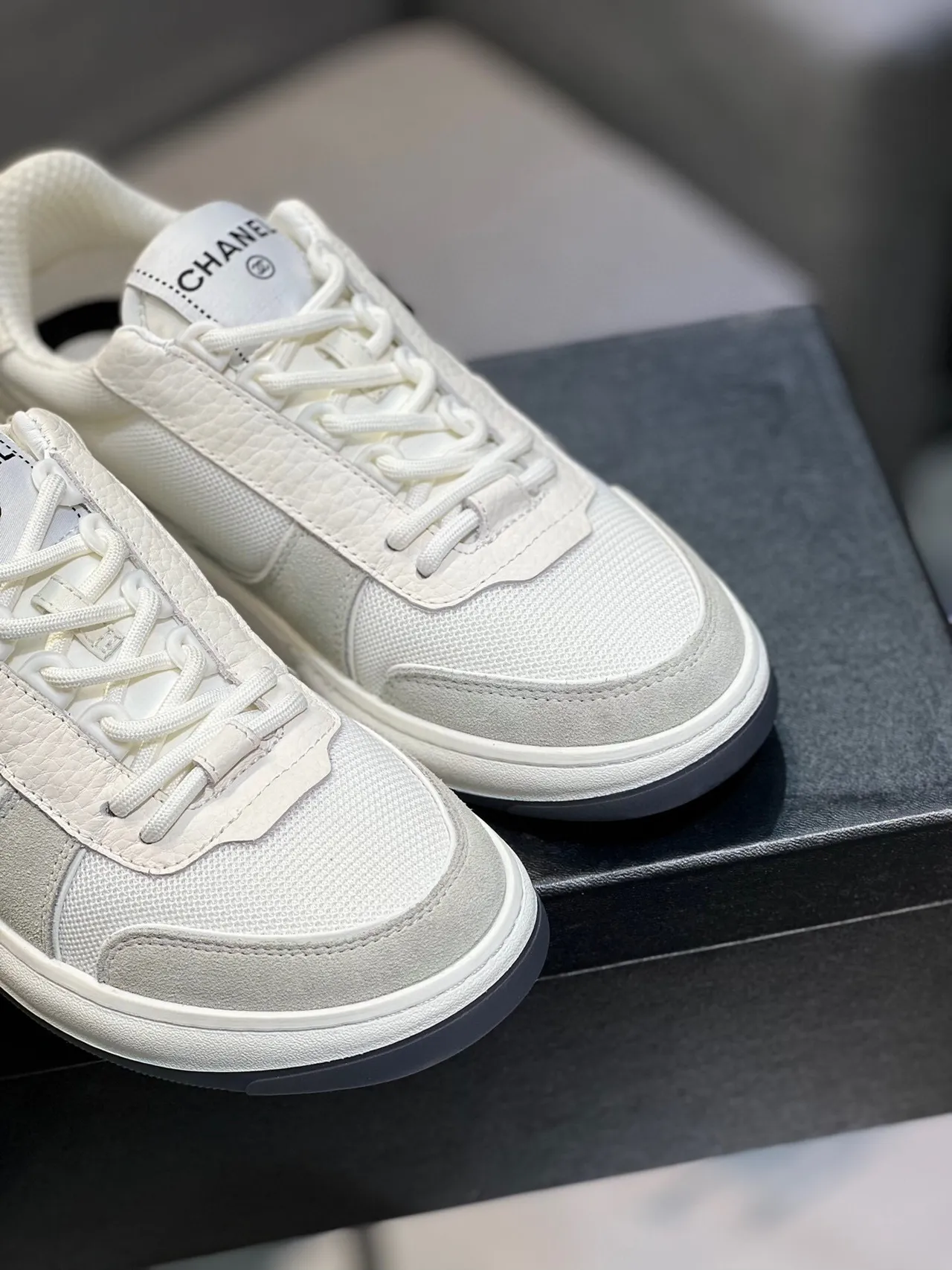Chanel White Gray Low-Top Mixed-Material Lifestyle Sneakers