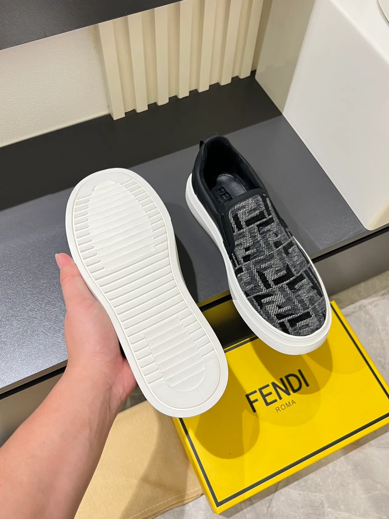 Supreme Slip-On Monogram Knit Gray Black White Lifestyle Sneakers