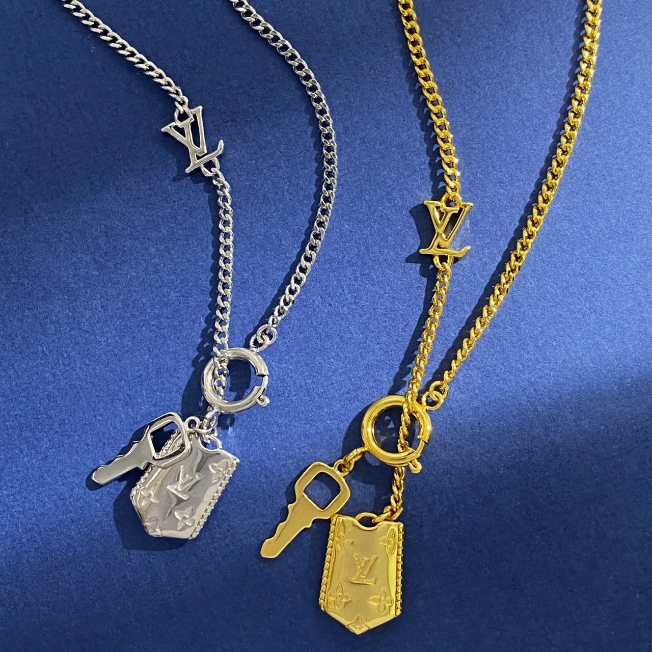 Louis Vuitton Gold Silver Chain-Link Monogram Pendant Necklace
