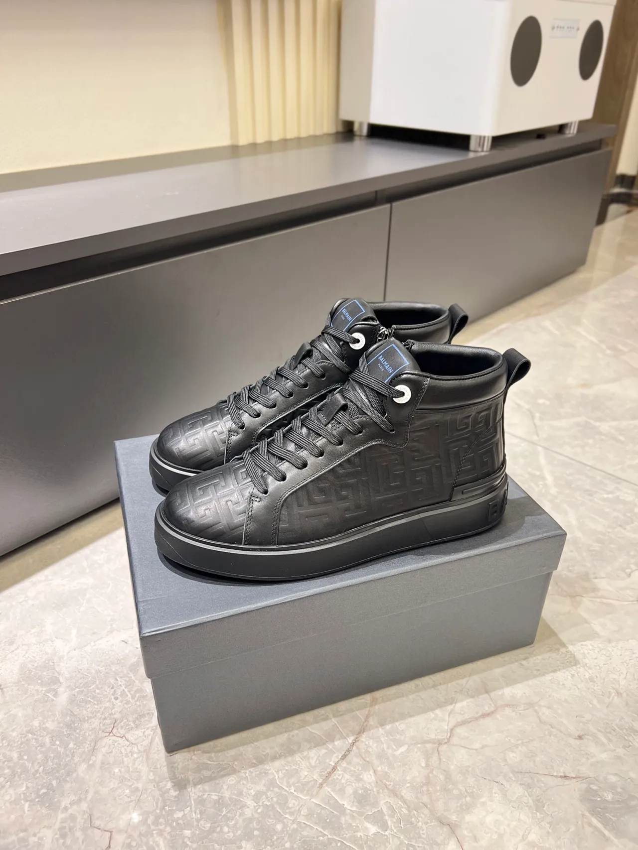 Balmain B-Court Black Embossed Monogram High-Top Lifestyle Sneakers