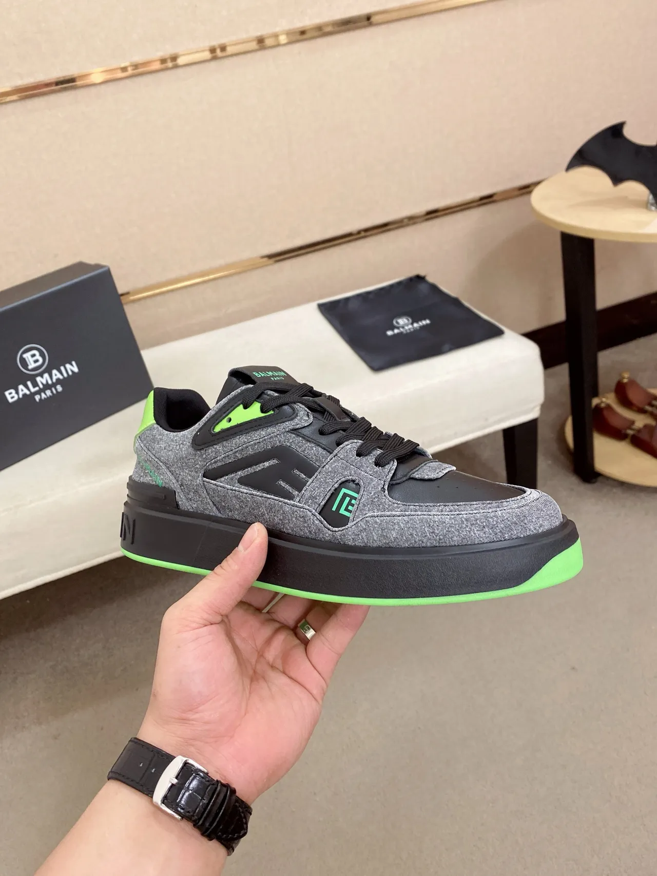 Balmain B-Court Gray Black Neon Green Lifestyle Sneakers