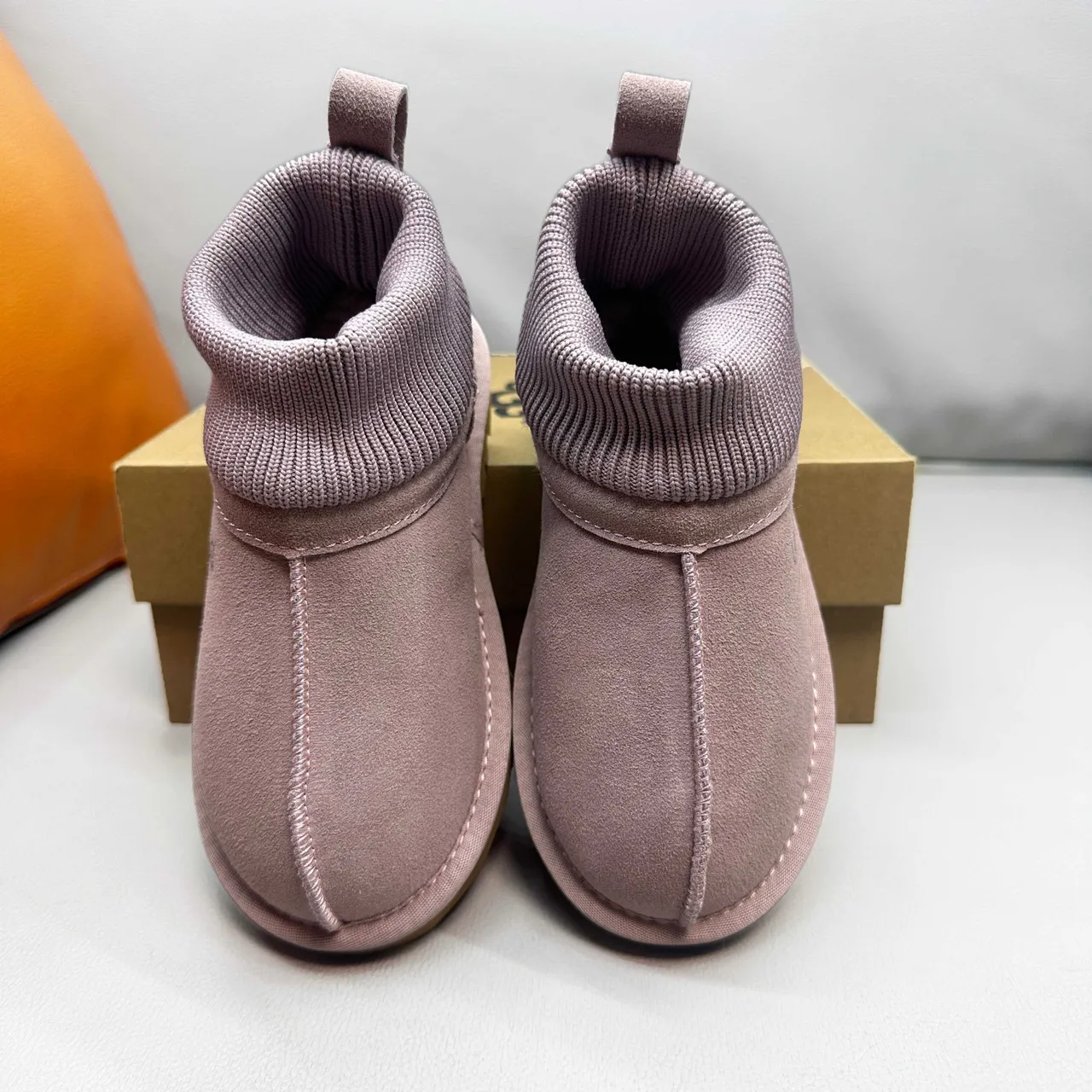 UGG Brown Beige Suede Upper Ribbed Knit Cuff Snow Boots
