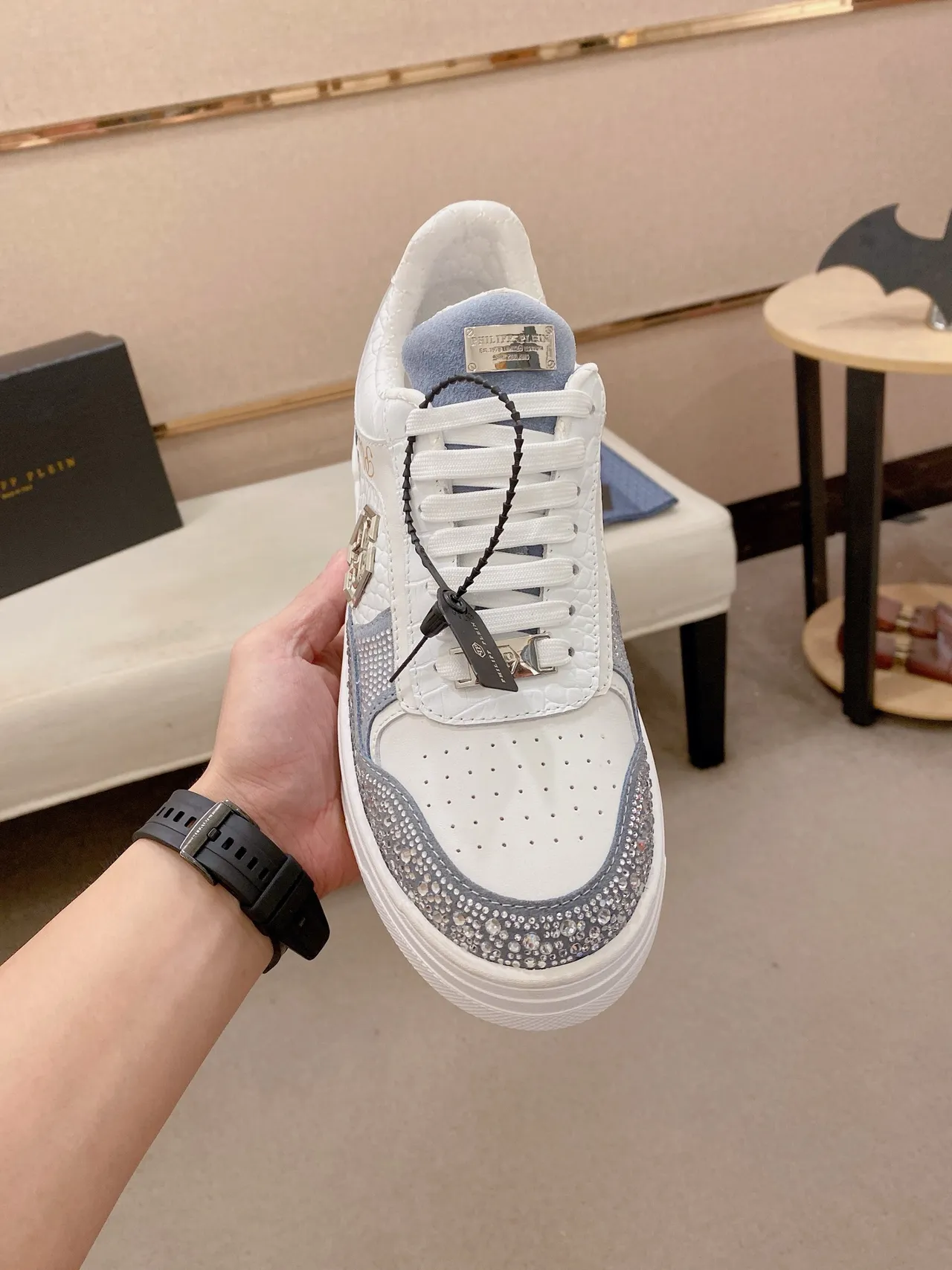Philipp Plein Crystal-Embellished White and Light Blue Lifestyle Sneakers