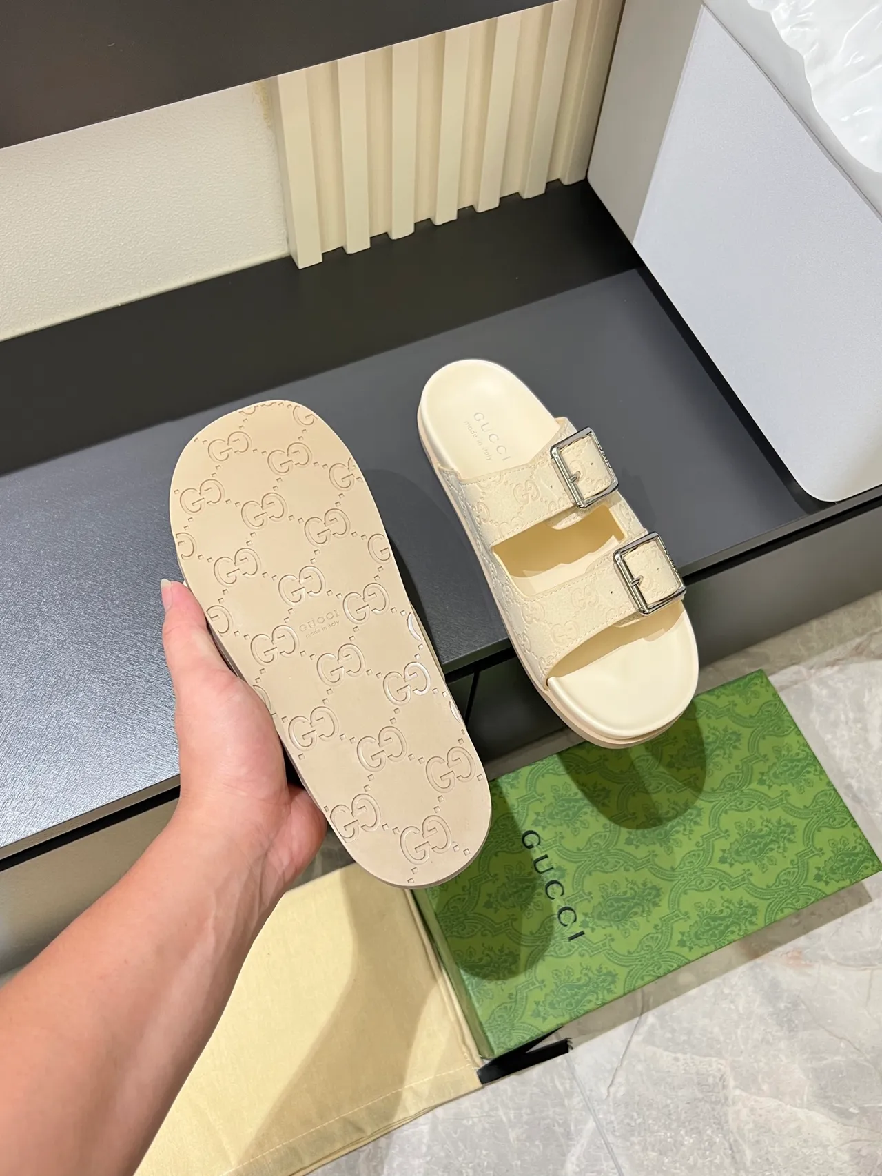 Gucci Screener Embossed GG Buckle Slide Casual Sandals