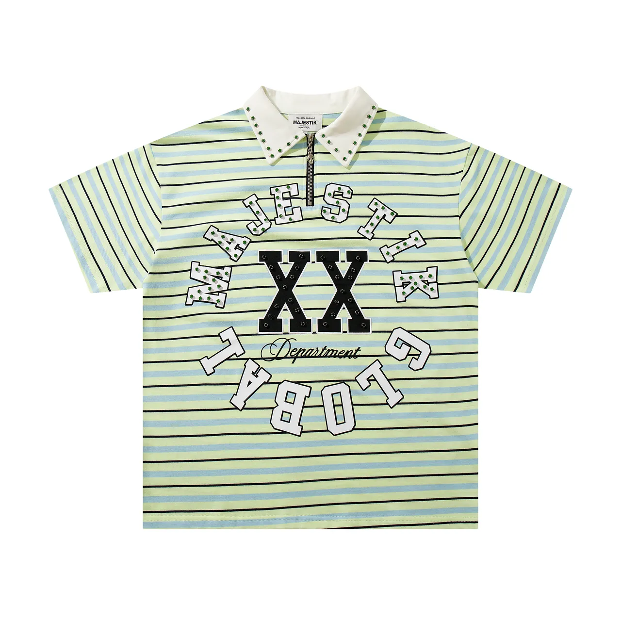 MAJESTIK Striped Studded Collar Half-Zip Polo Shirt