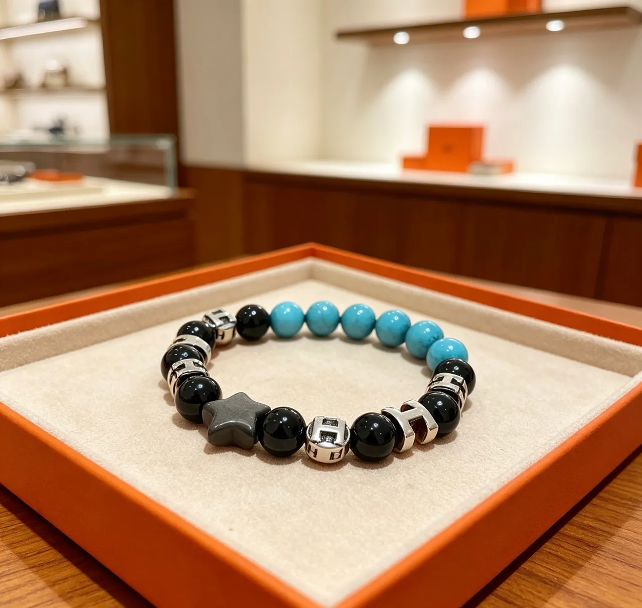 Hermès H Collection Black Blue Beaded Stretch Hardware Bracelet