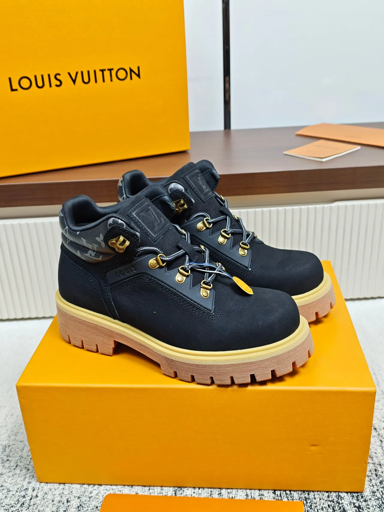 Louis Vuitton Black Monogram Collar Work Boot