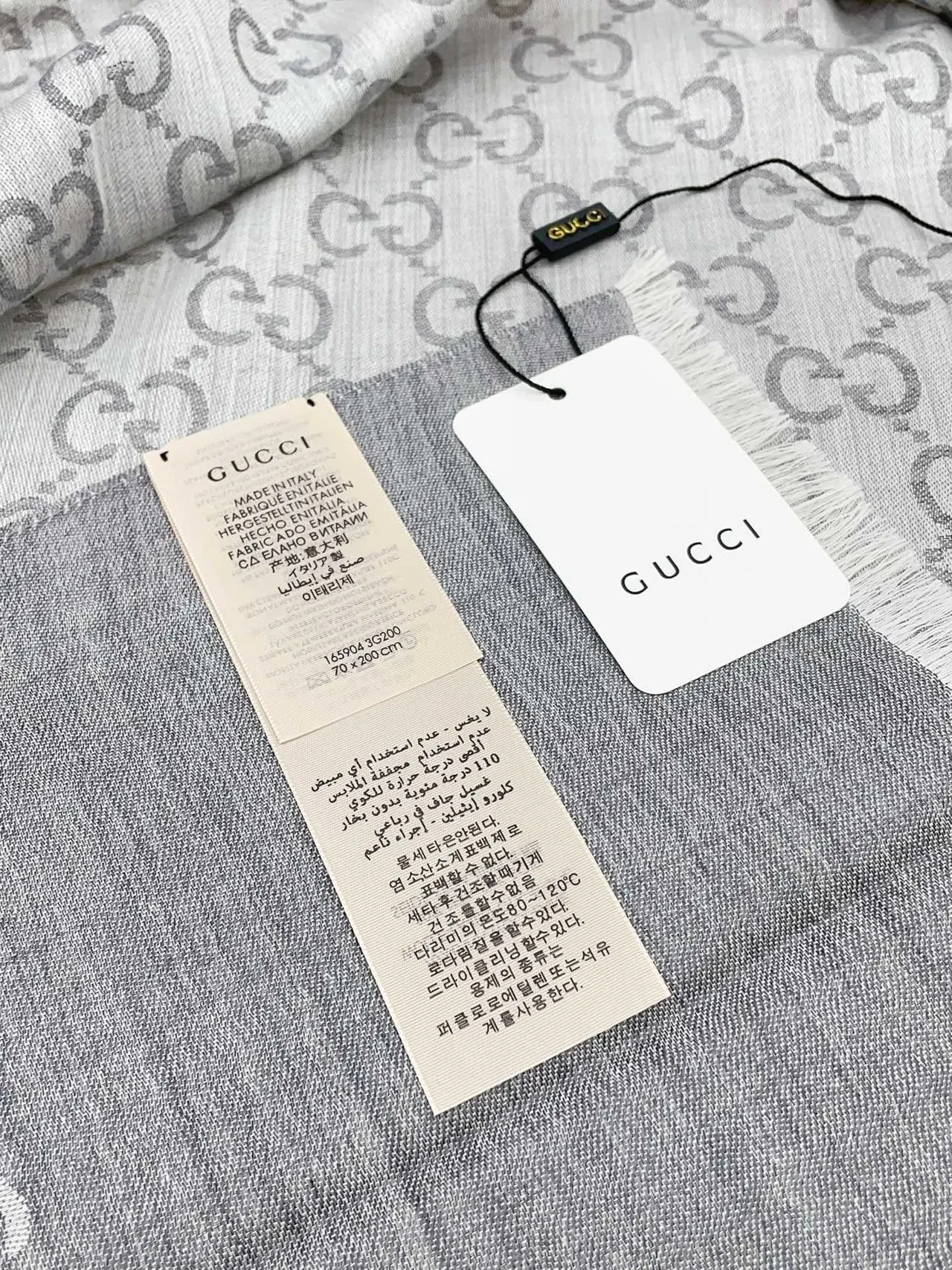 Gucci Monogram-Printed Gray Silk Scarf