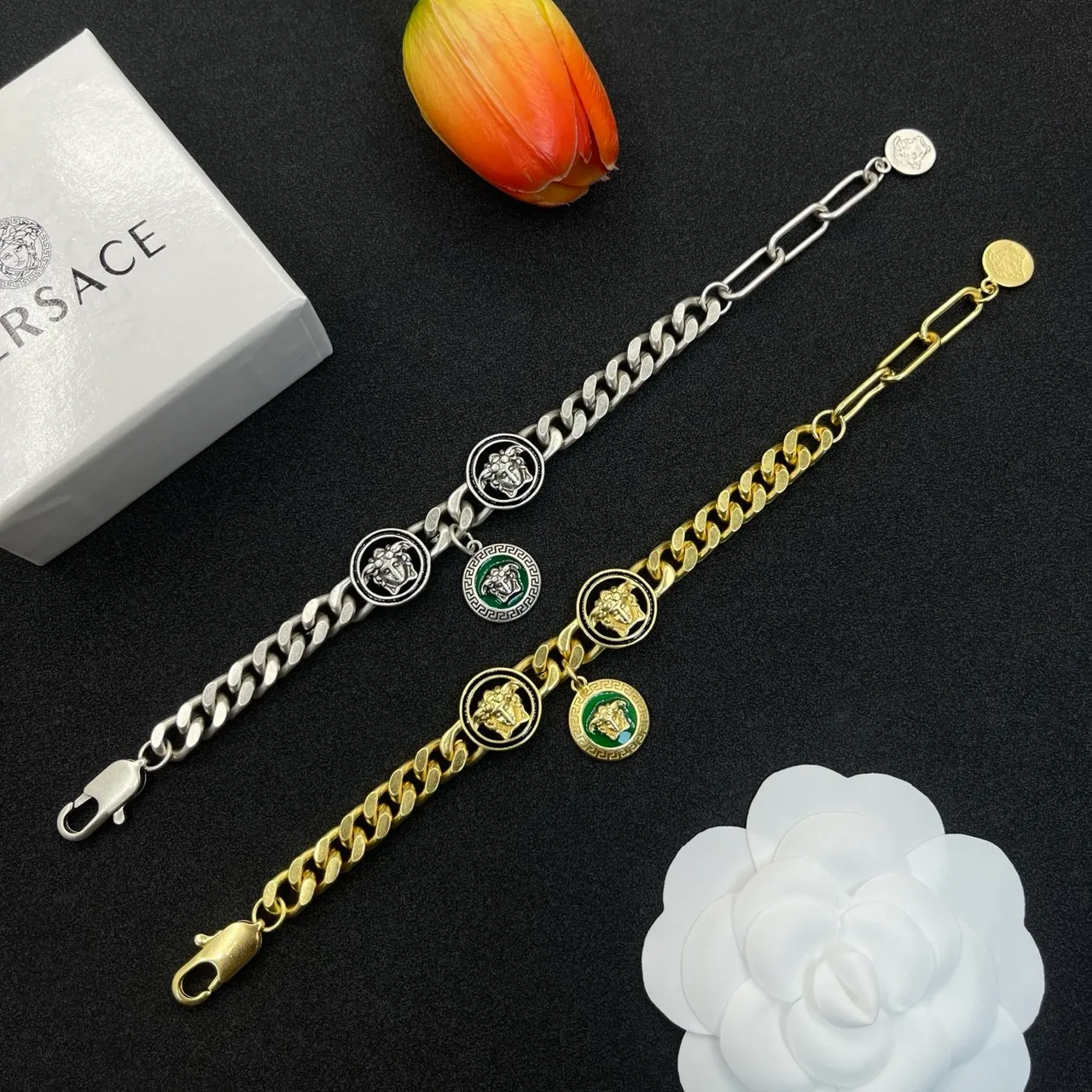 Versace Medusa Charm Bracelet Silver Green Curb Chain Bracelet