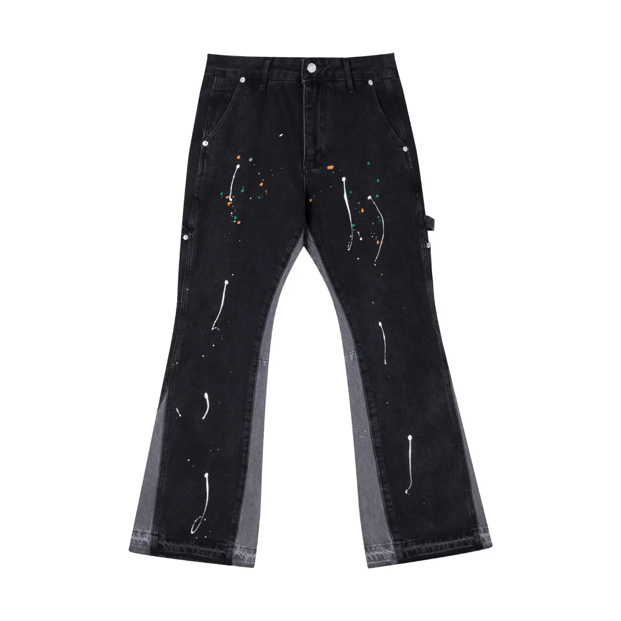 Black Paint-Splatter Flared Contrast-Panel Jeans