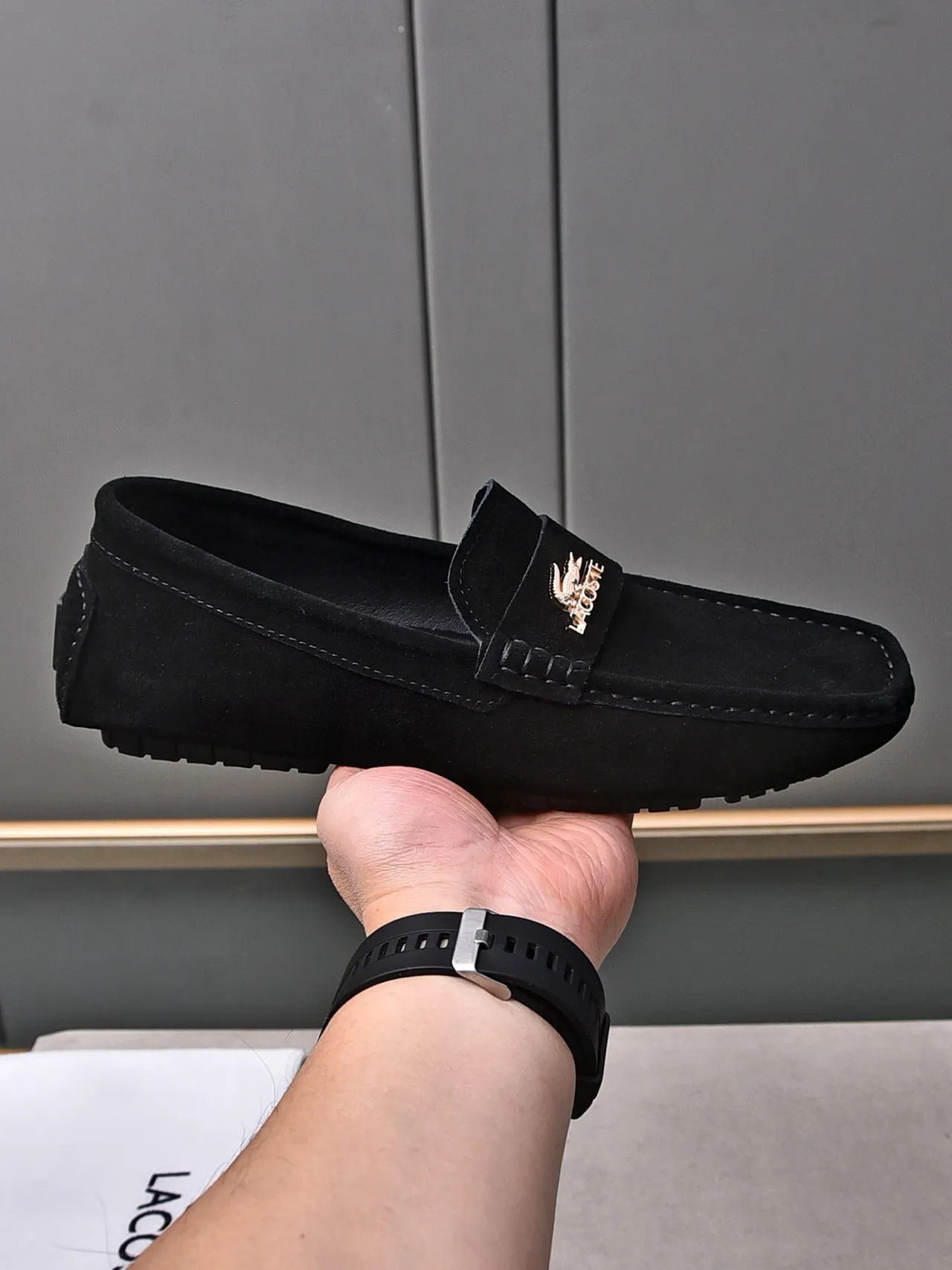 Lacoste Loafer Black Gold Suede Upper Penny Strap Loafer