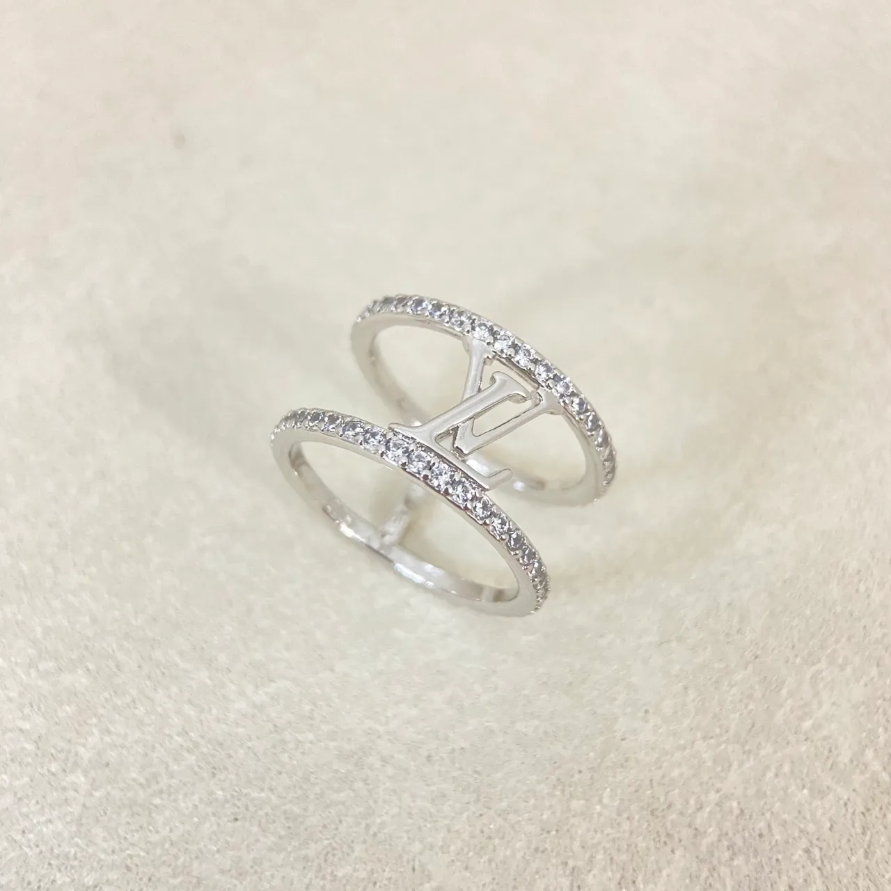 Louis Vuitton Gold Silver Double-Band Pavé Crystal Ring