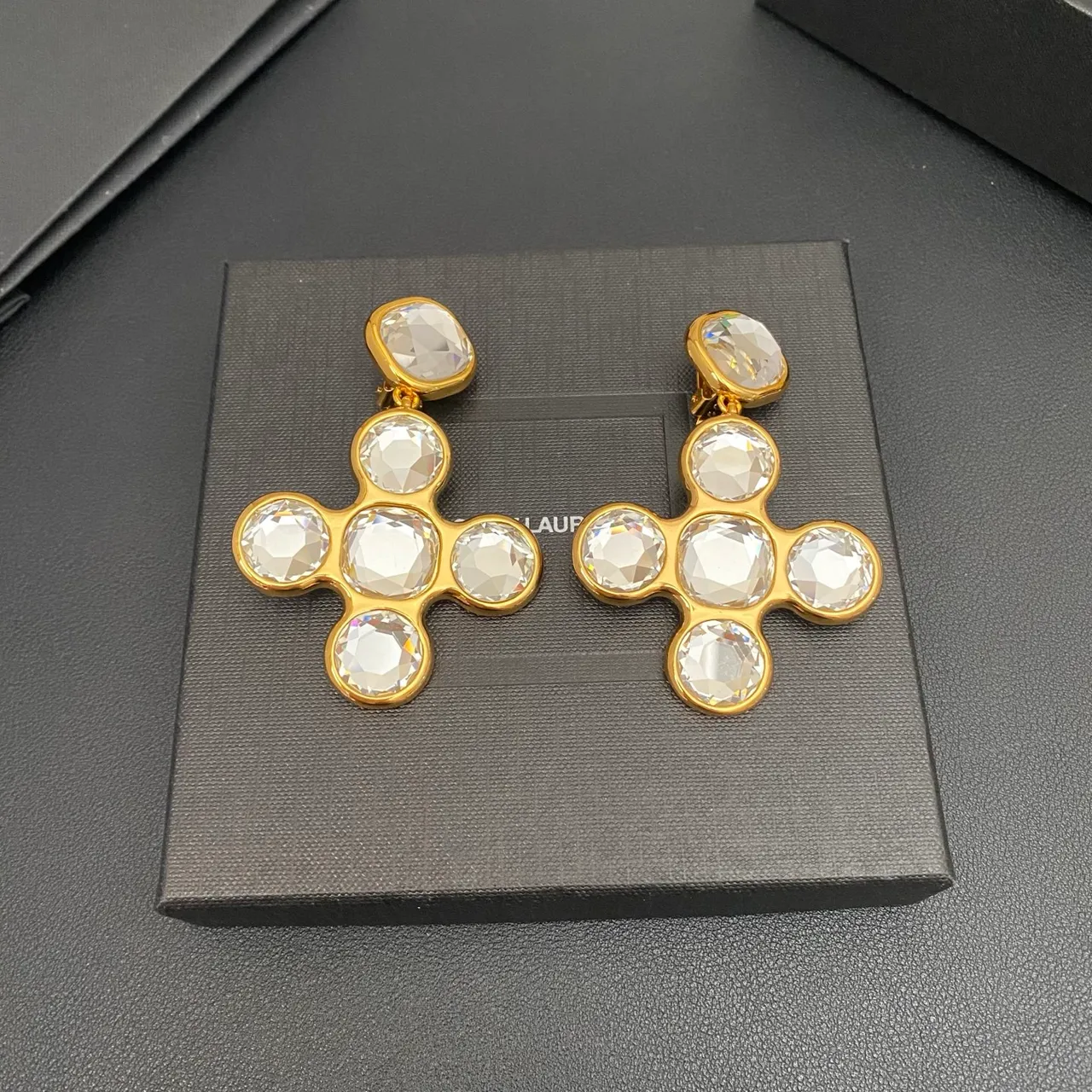 Saint Laurent Crystal Cross Cluster Gold-Tone Earrings