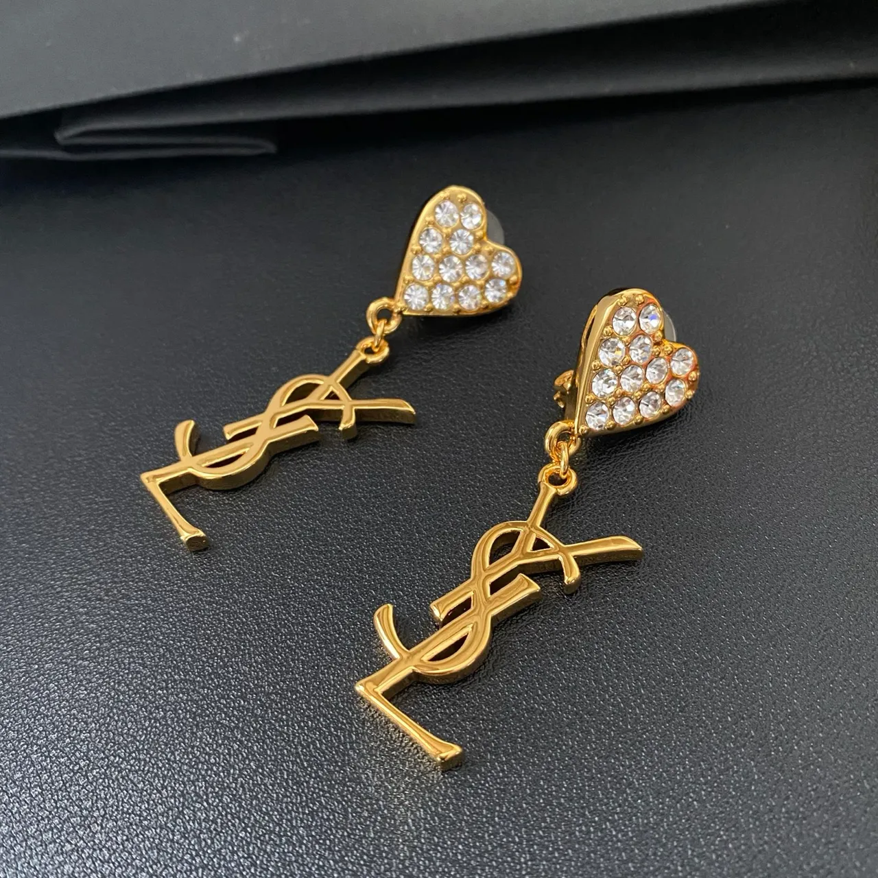 Saint Laurent Heart Crystal and Monogram Dangling Earrings