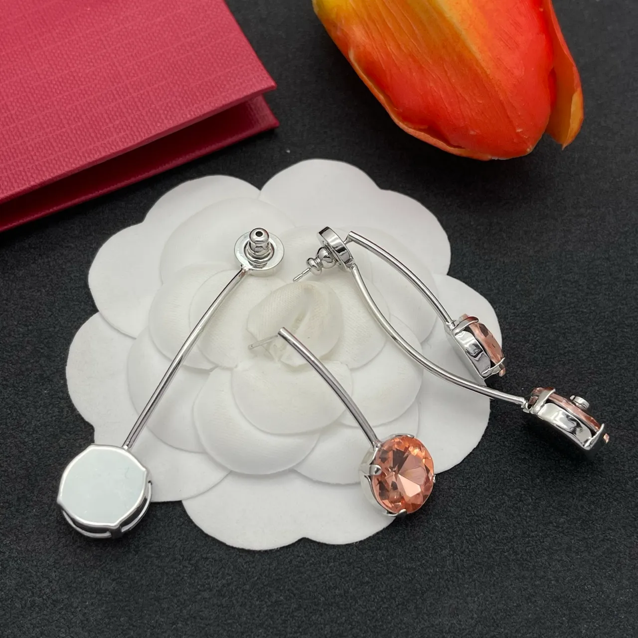 Valentino VLogo Pink Silver Double-Stone Drop Faceted Crystal Earrings