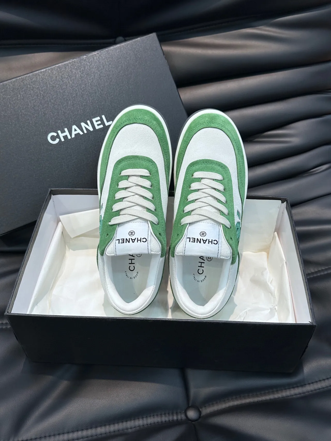 Chanel Lifestyle Sneaker Green White Low-Top Suede-and-Leather Panelled Lifestyle Sneakers