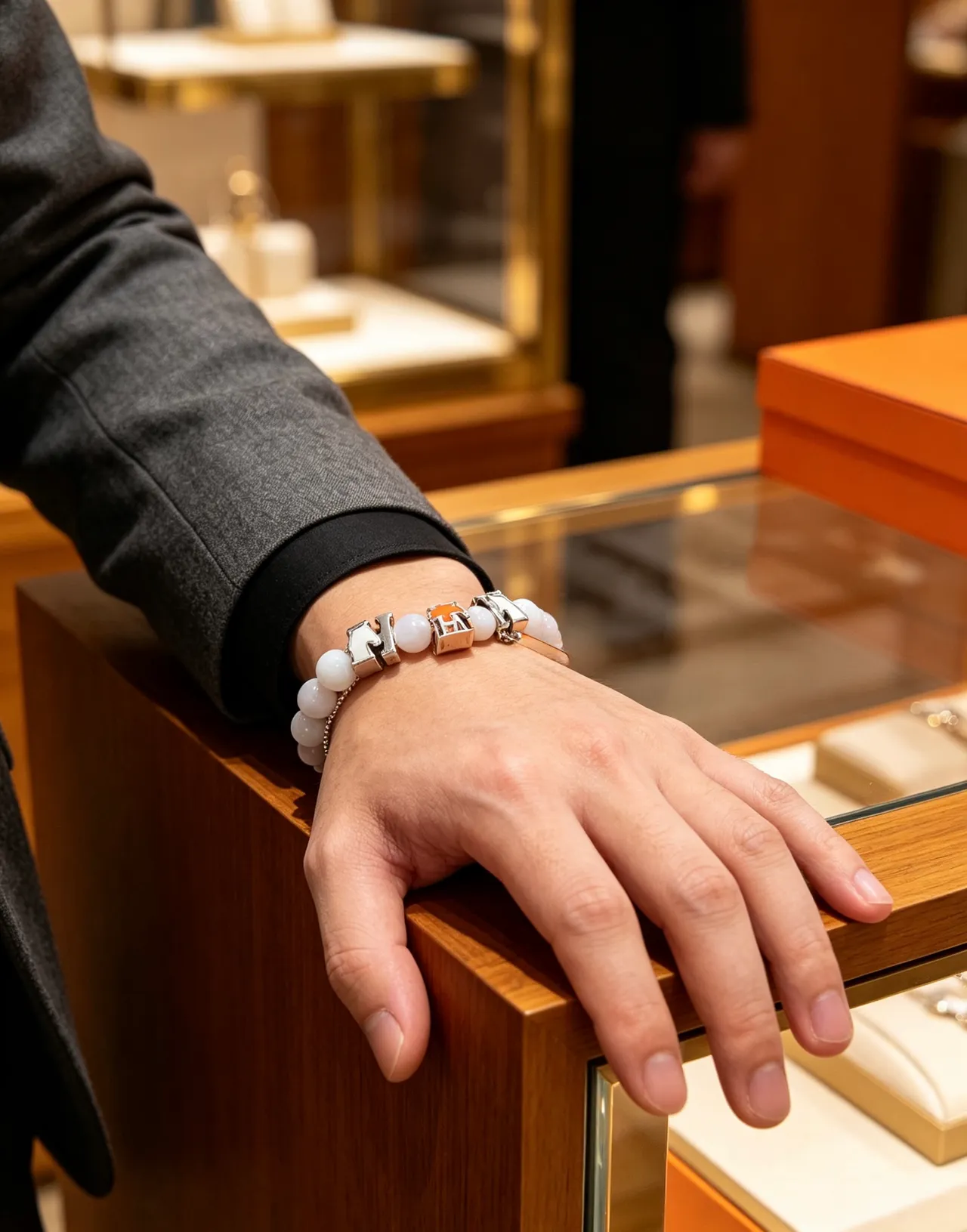 Hermès White Orange Beaded Enamel-Charm Bracelet