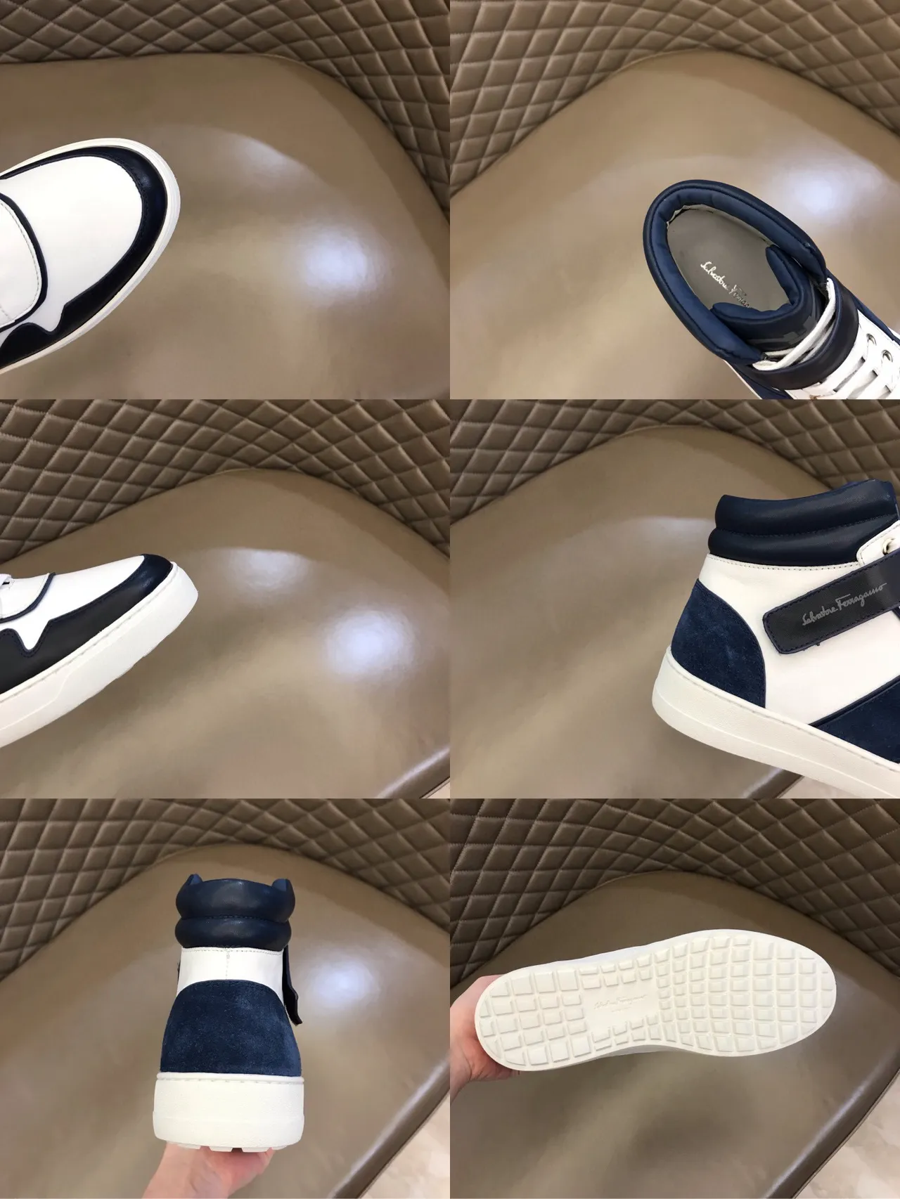 Salvatore Ferragamo White and Navy High-Top Strap Sneakers