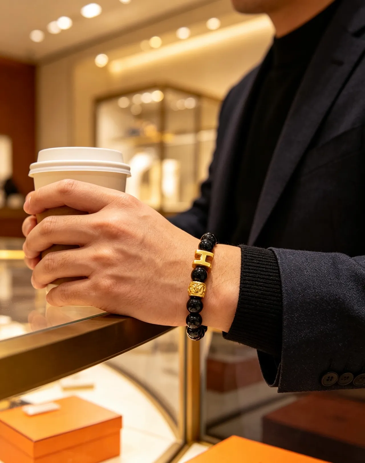 Hermès H Collection Black Onyx and Gold-Tone Beaded Bracelet