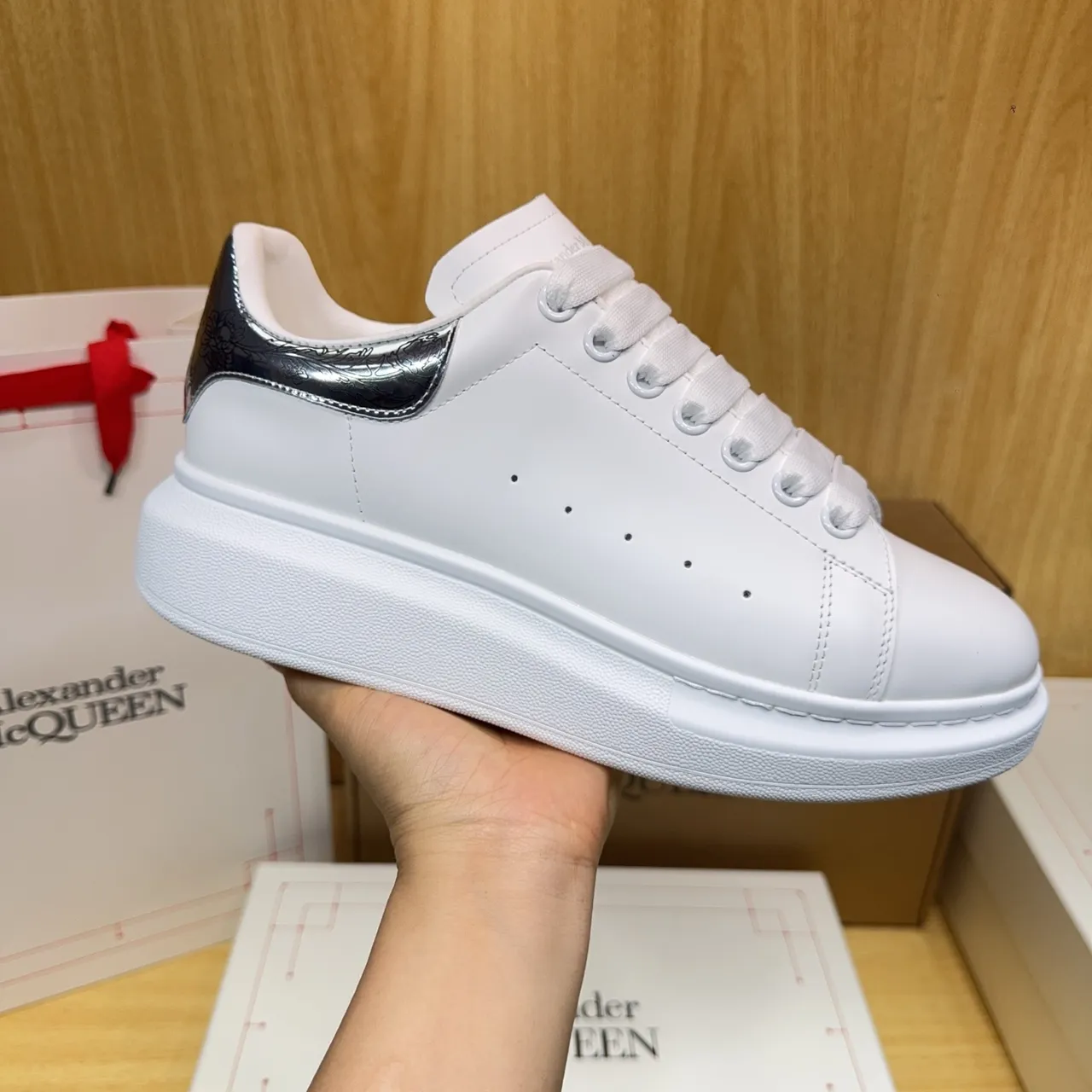 Alexander McQueen Oversized Sneaker White Silver Platform Sole Metallic Heel Counter Lifestyle Sneakers