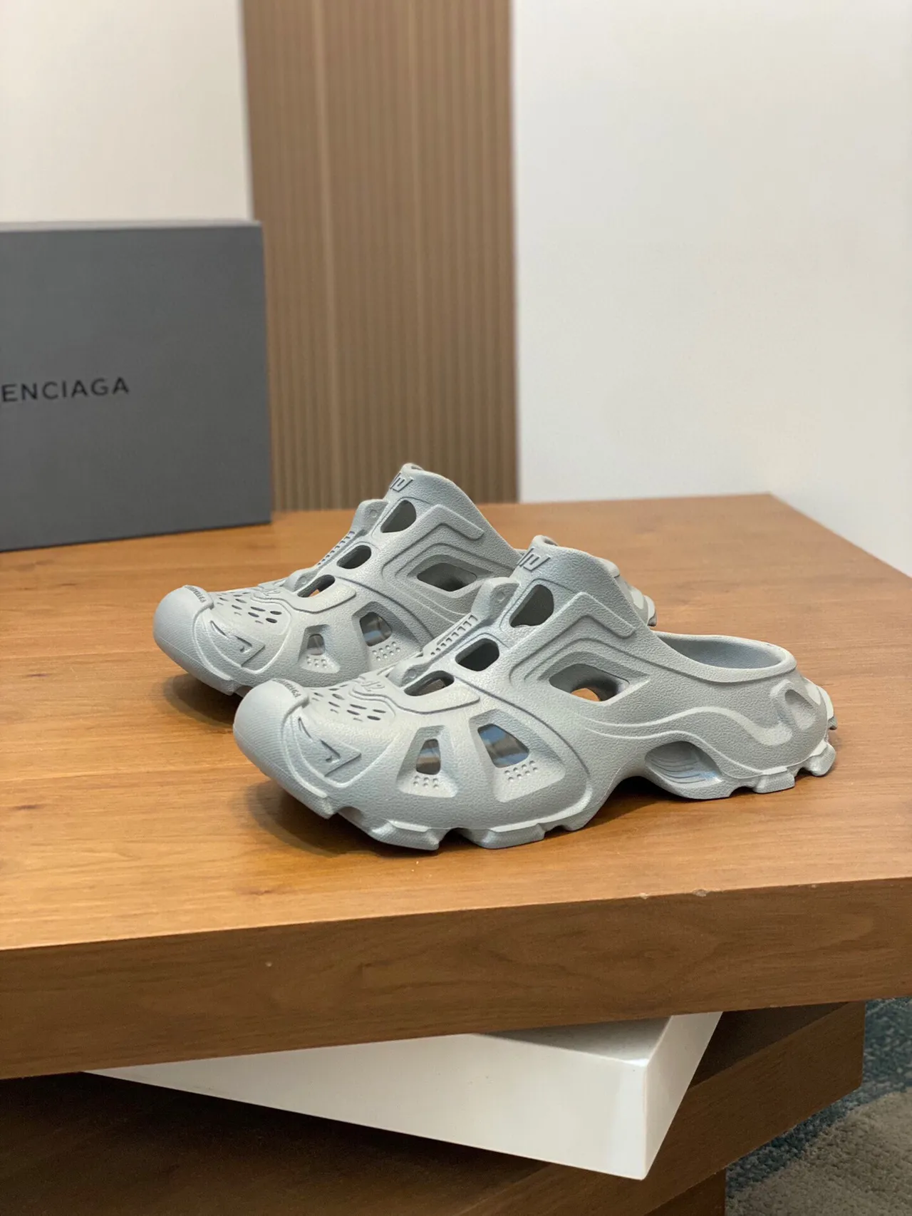 Balenciaga Defender Gray Molded Monochrome Geometric Cutout Clog