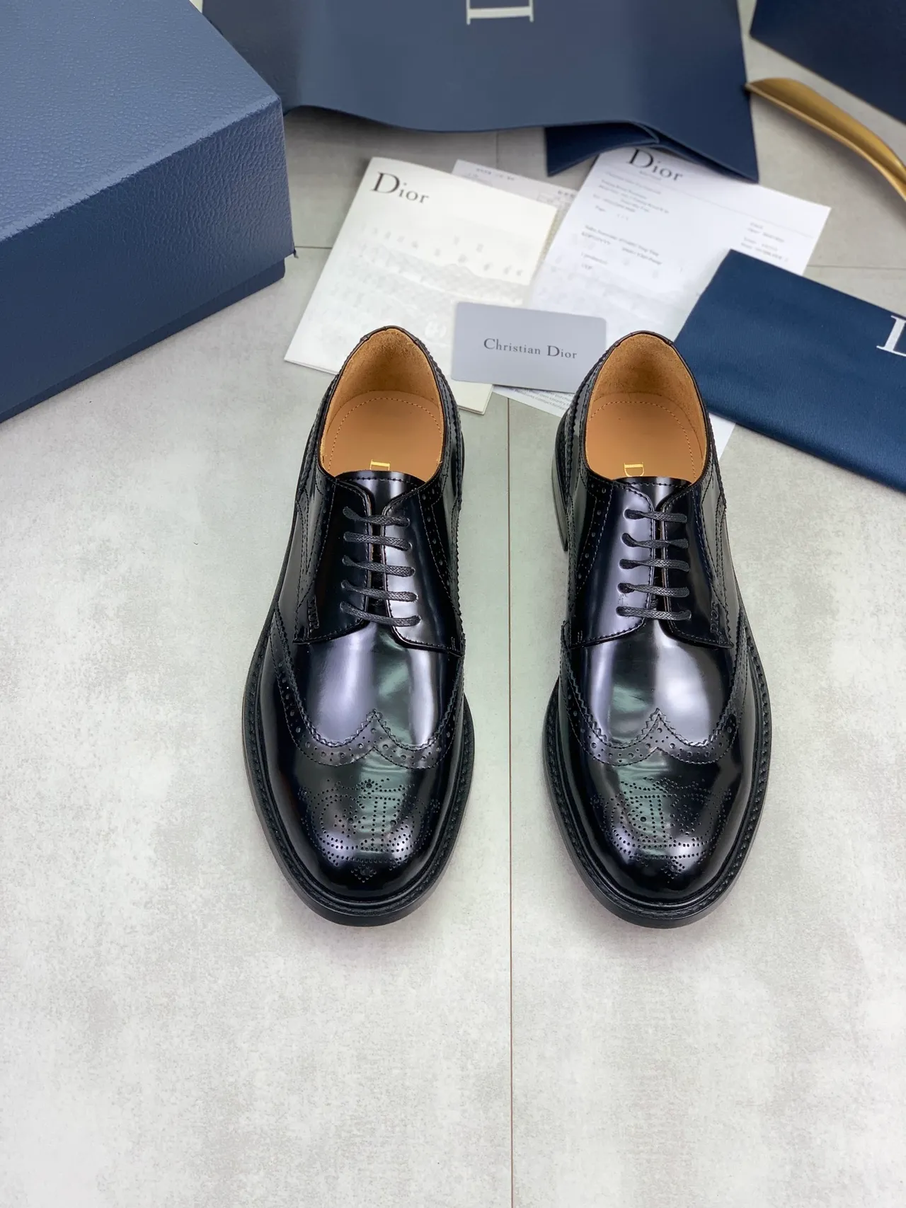 Dior Black Brown Glossy Leather Wingtip Brogue