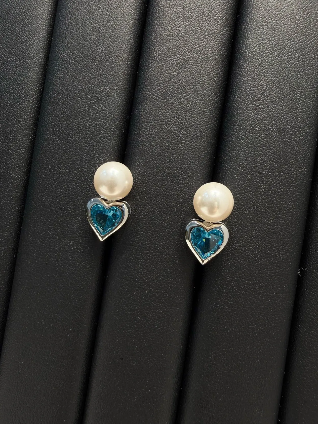 Pearl and Blue Heart Gemstone Stud Earrings