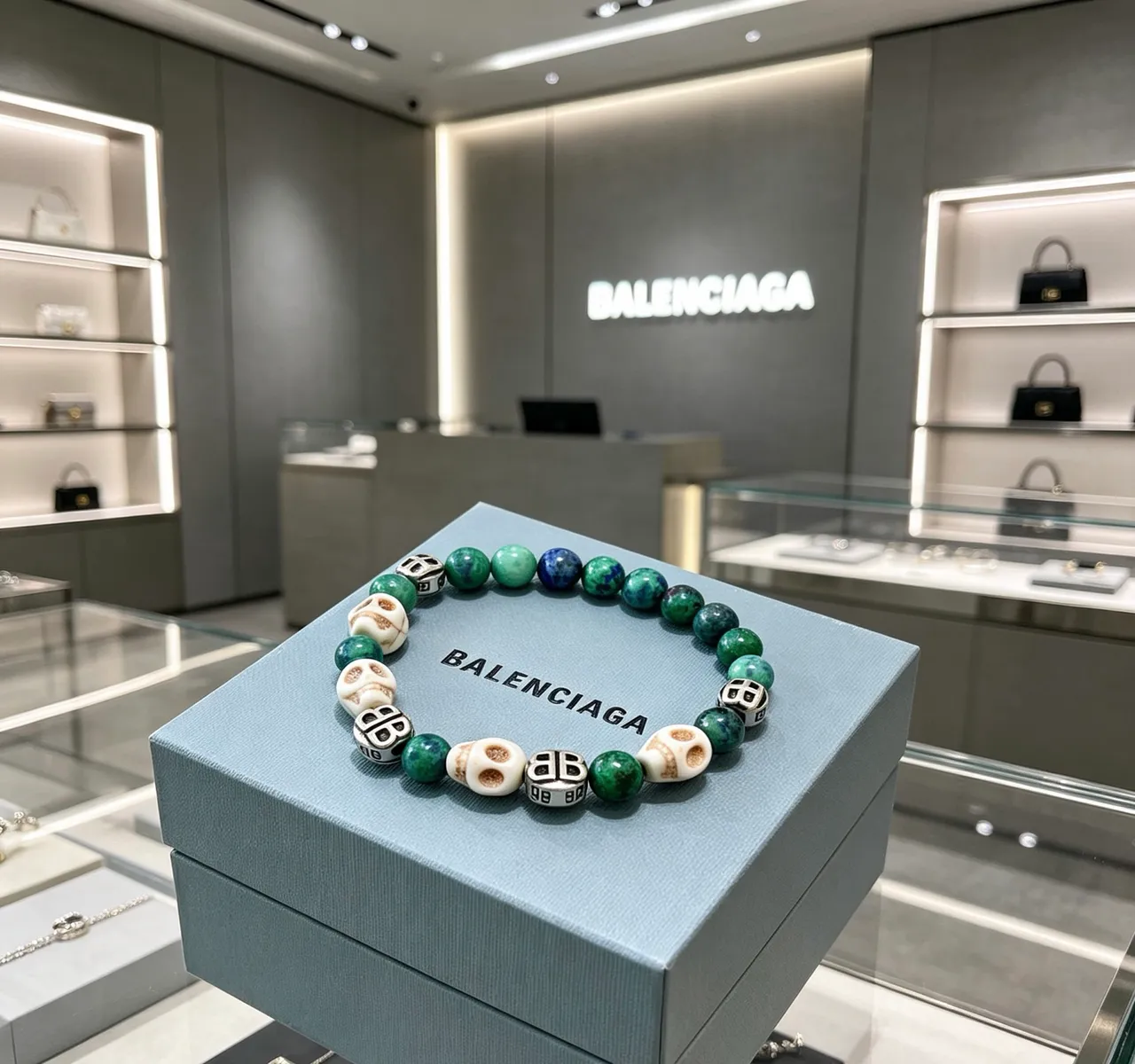 Balenciaga Skull and BB Logo Beaded Bracelet