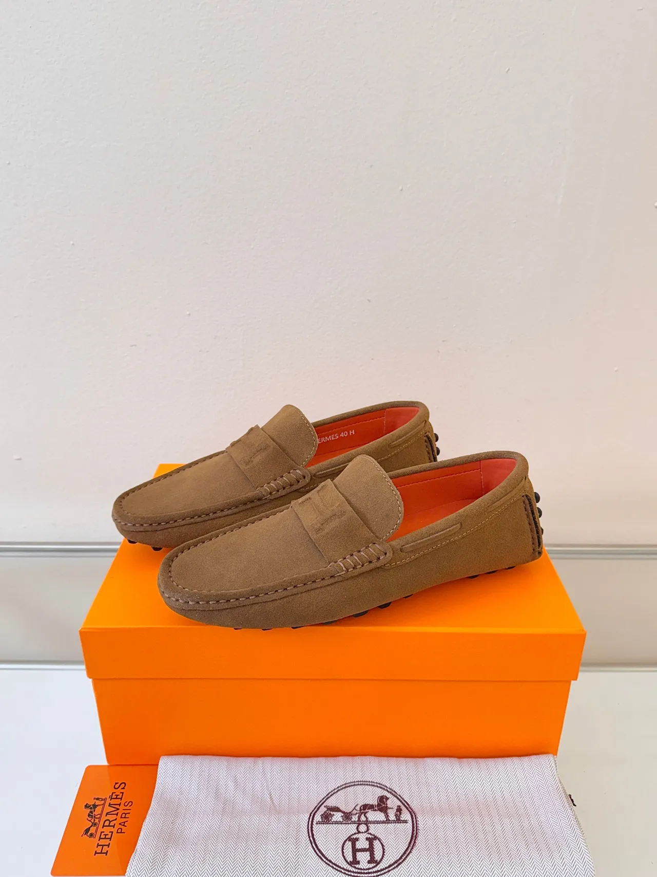 Hermès Oran Brown Orange Suede Upper Penny Strap Loafer
