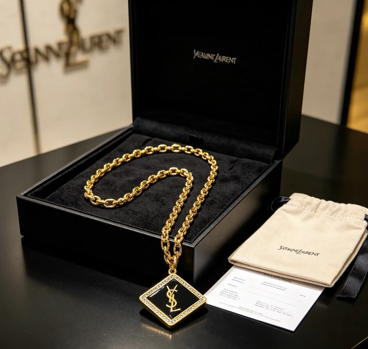 Saint Laurent Square Monogram Pendant Gold Black Curb Chain Enamel Necklace