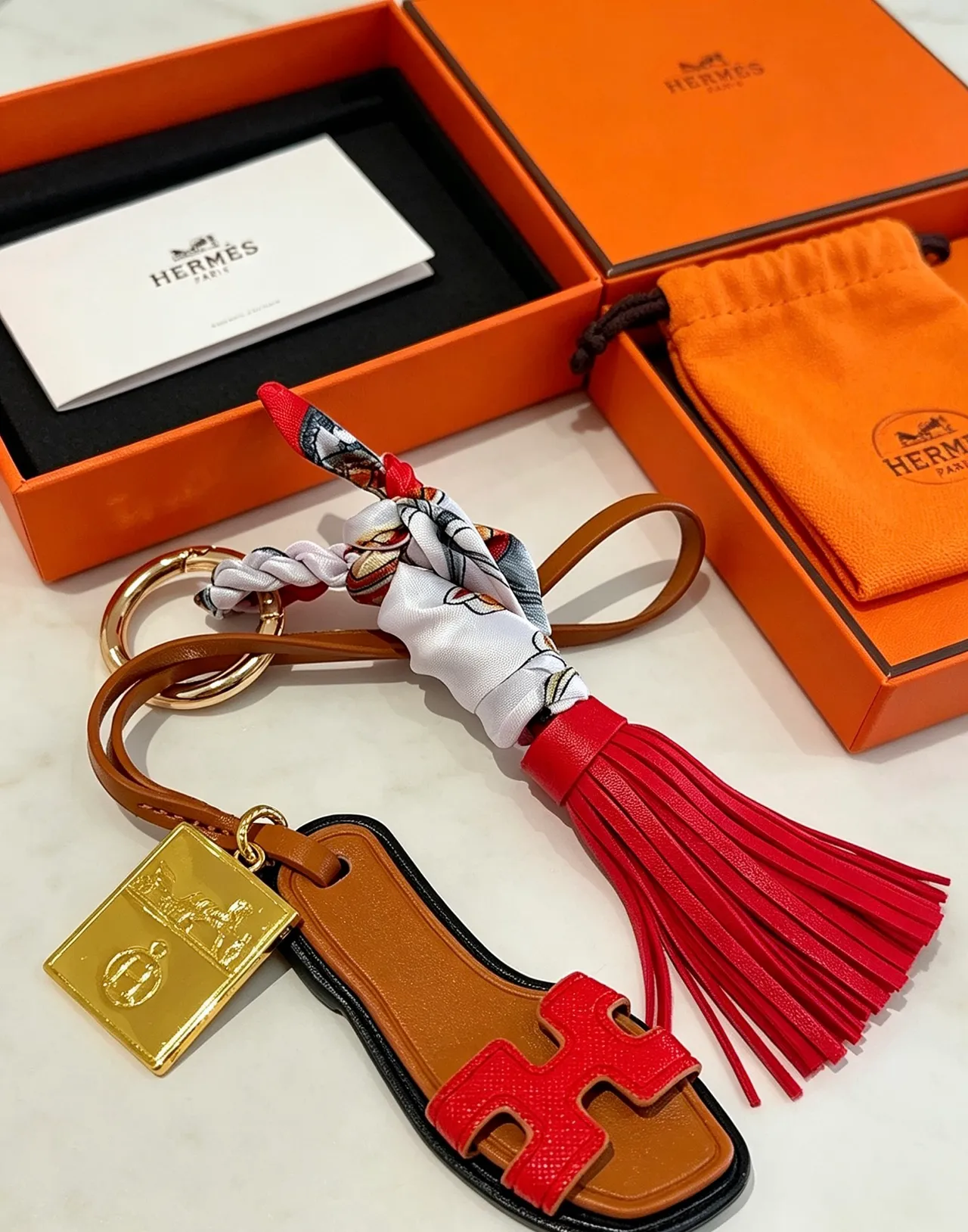 Hermès Oran Red Brown H-Shaped Leather Motif Silk Scarf Knot Handbag