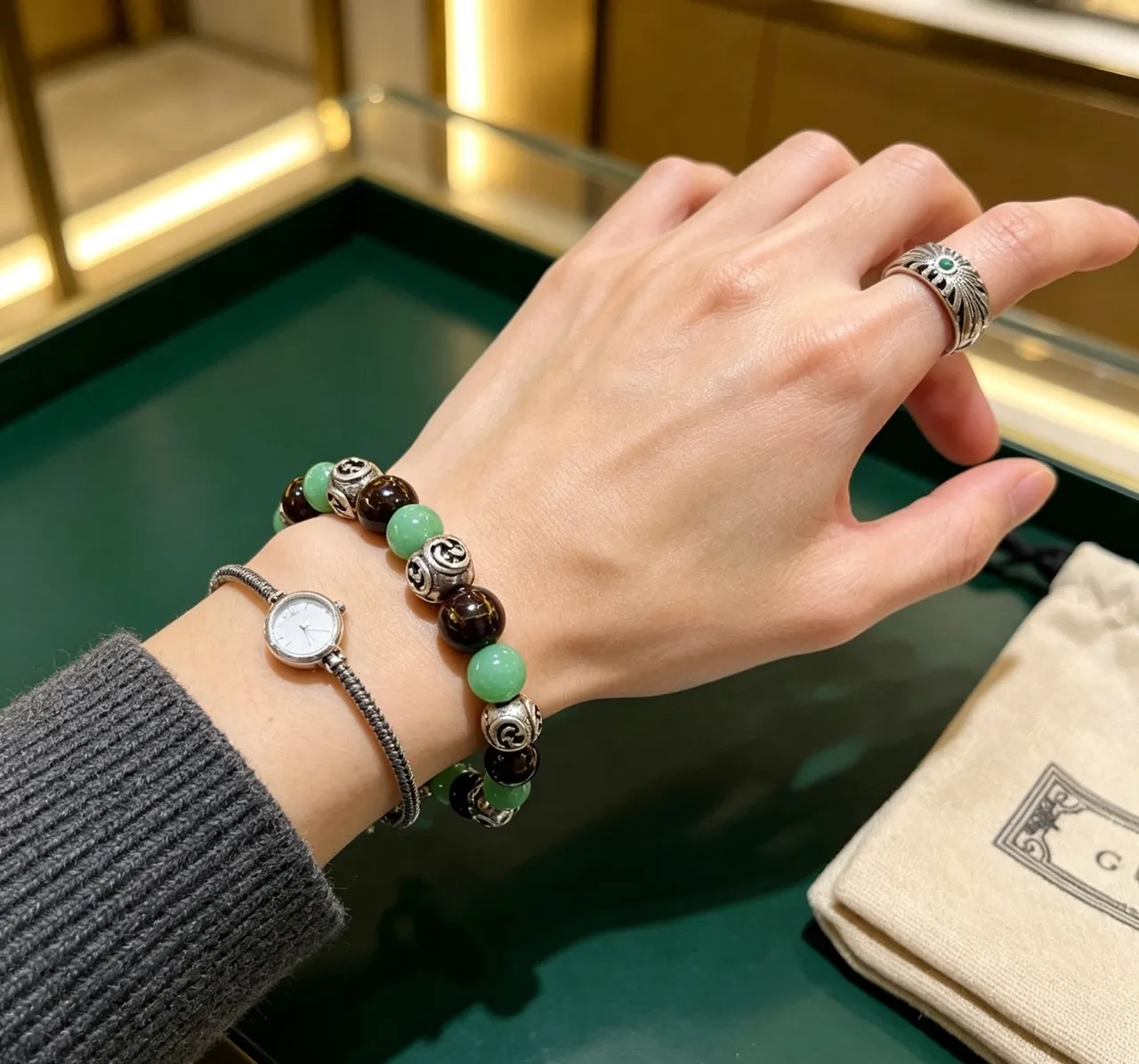 Gucci Green Brown Beaded Spherical Stone Beads Bracelet
