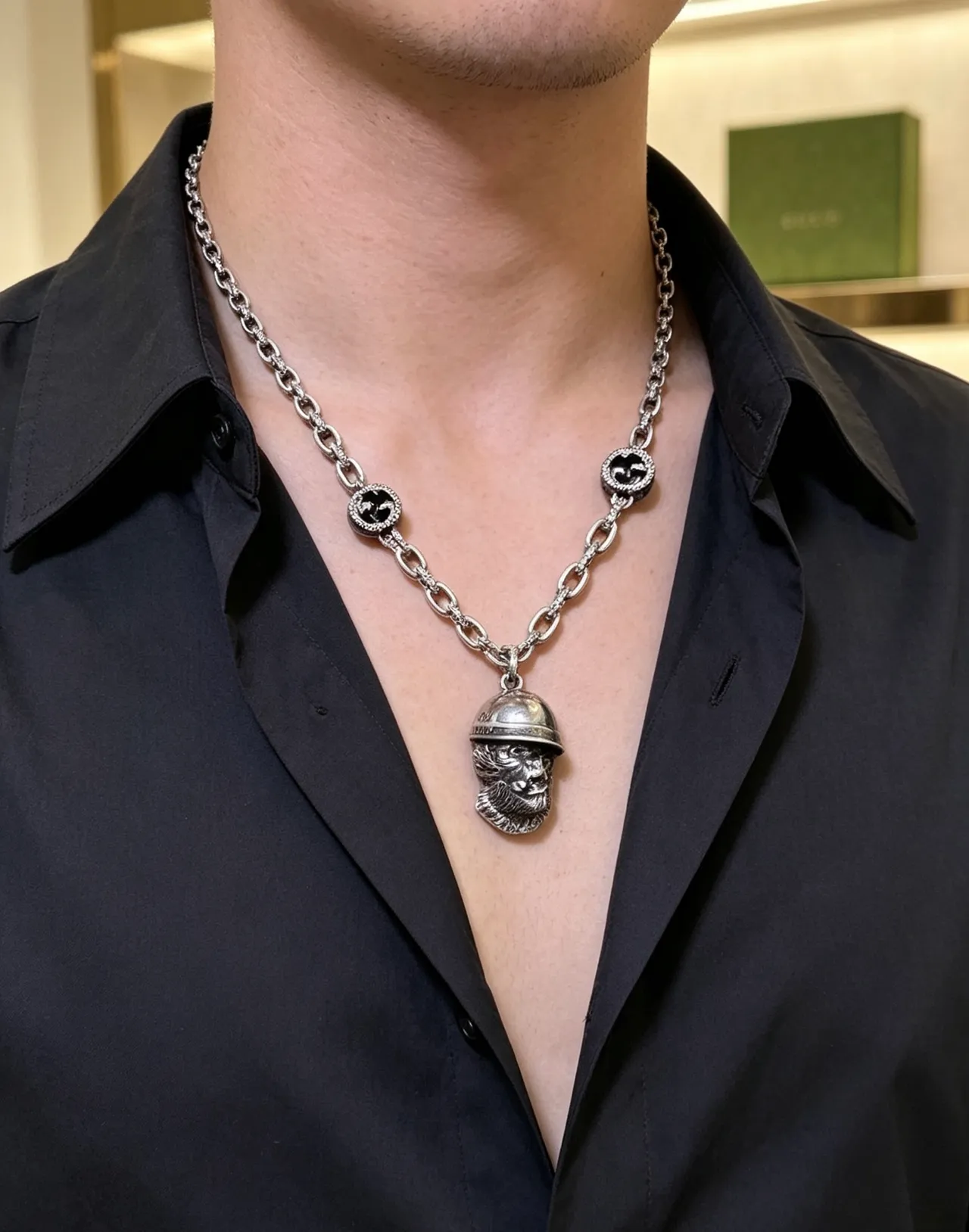 Gucci Sculpted Helmeted Head Pendant Necklace