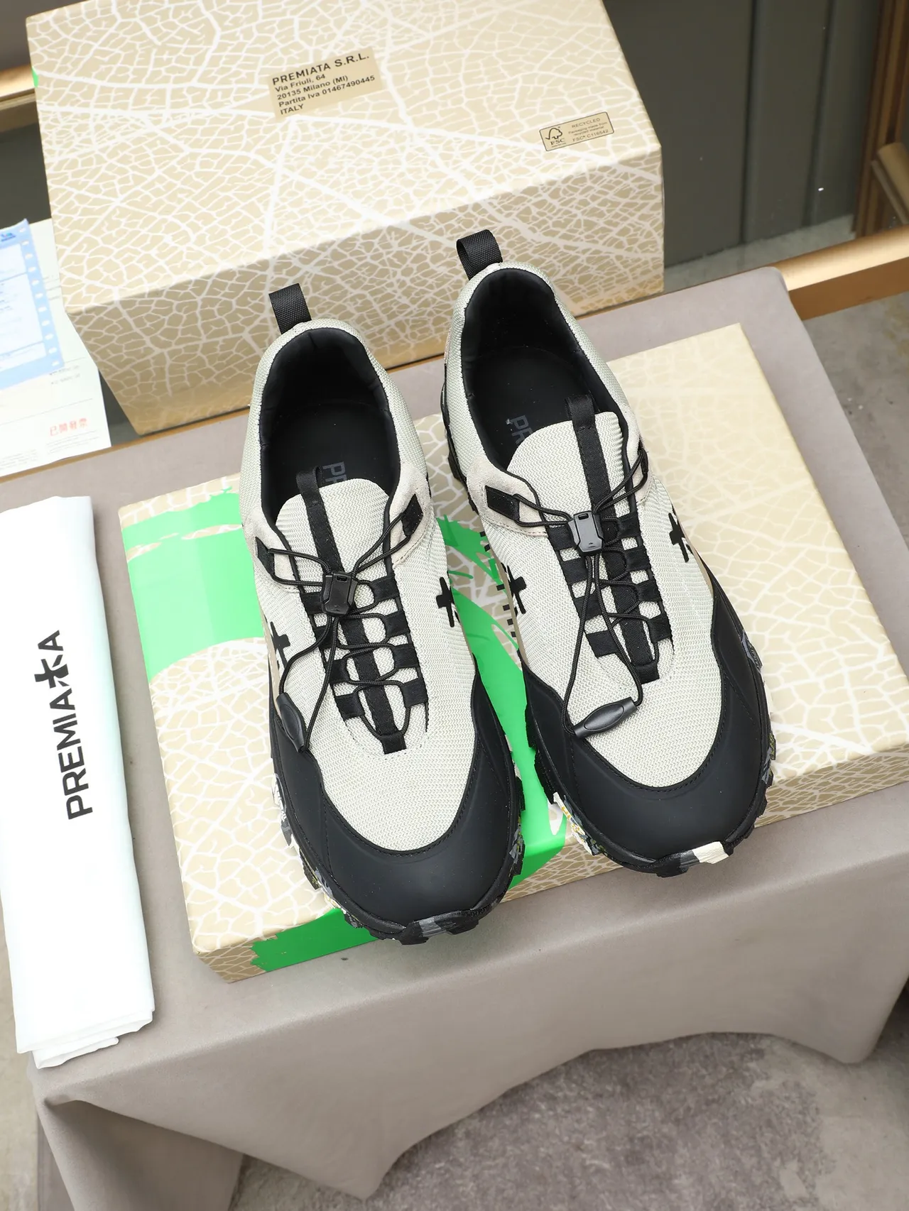 Premiata Beige and Black Mixed-Material Chunky Sole Lifestyle Sneakers
