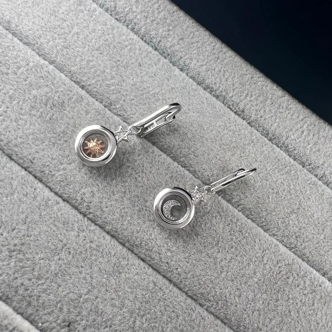 Sun and Moon Motif Crystal Dome Lever-Back Earrings