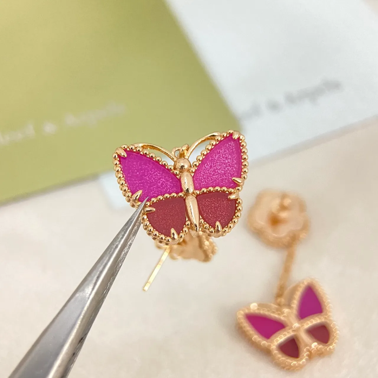 Van Cleef & Arpels Alhambra x Papillon White Mother-of-Pearl and Magenta Enamel Butterfly Earrings