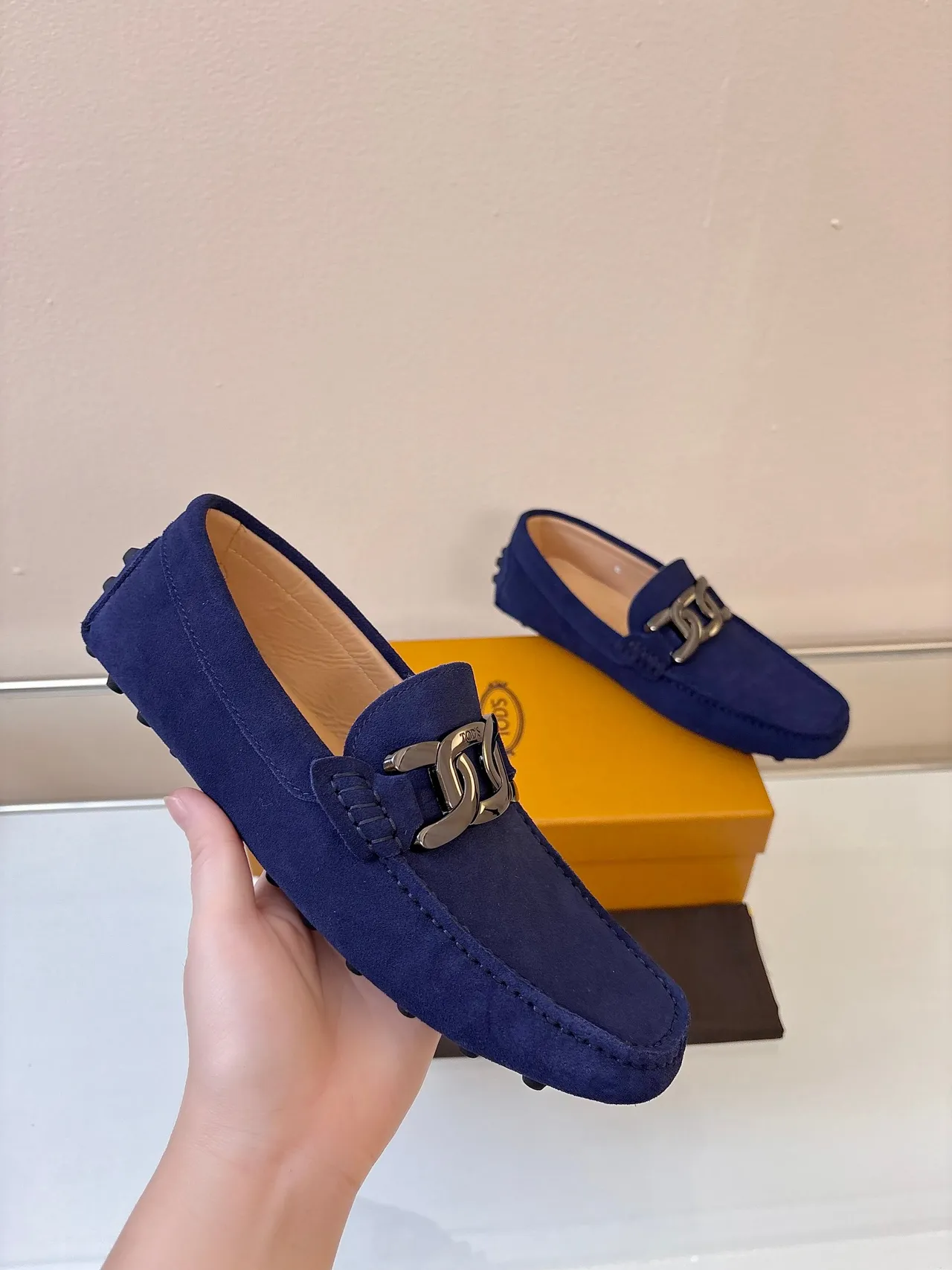 Tod's Gommino Navy Beige Suede Upper Metal Horsebit Buckle Loafer