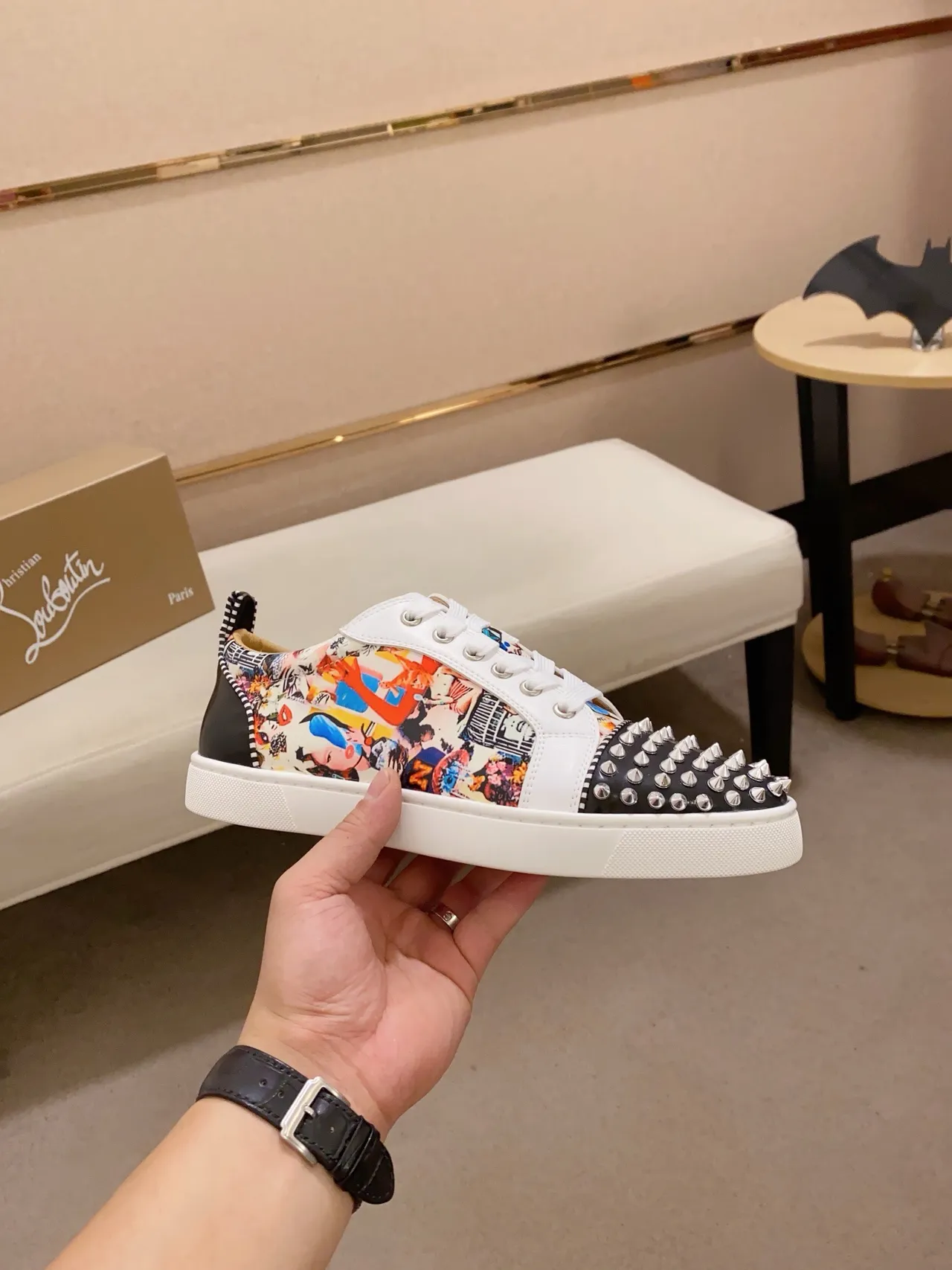 Christian Louboutin Multicolor White Studded Toe Cap Pop-Art Print Upper Lifestyle Sneakers